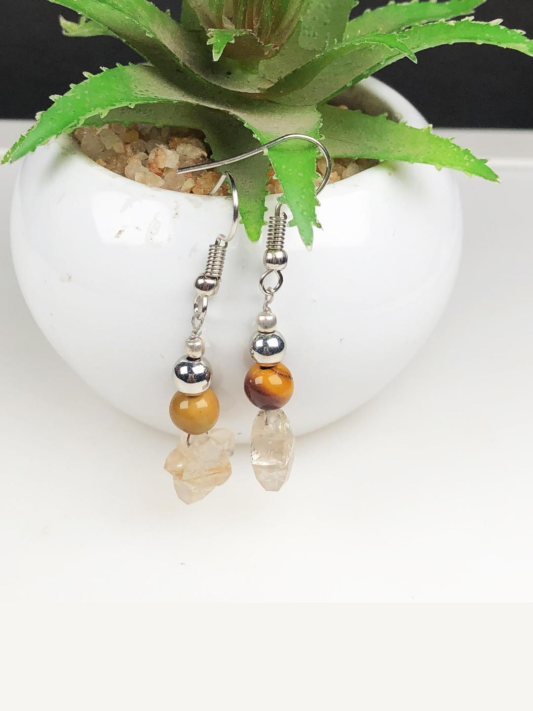 Hamdmade Gemstone Tiger Eye And Rutile Earrings For Women And Gir