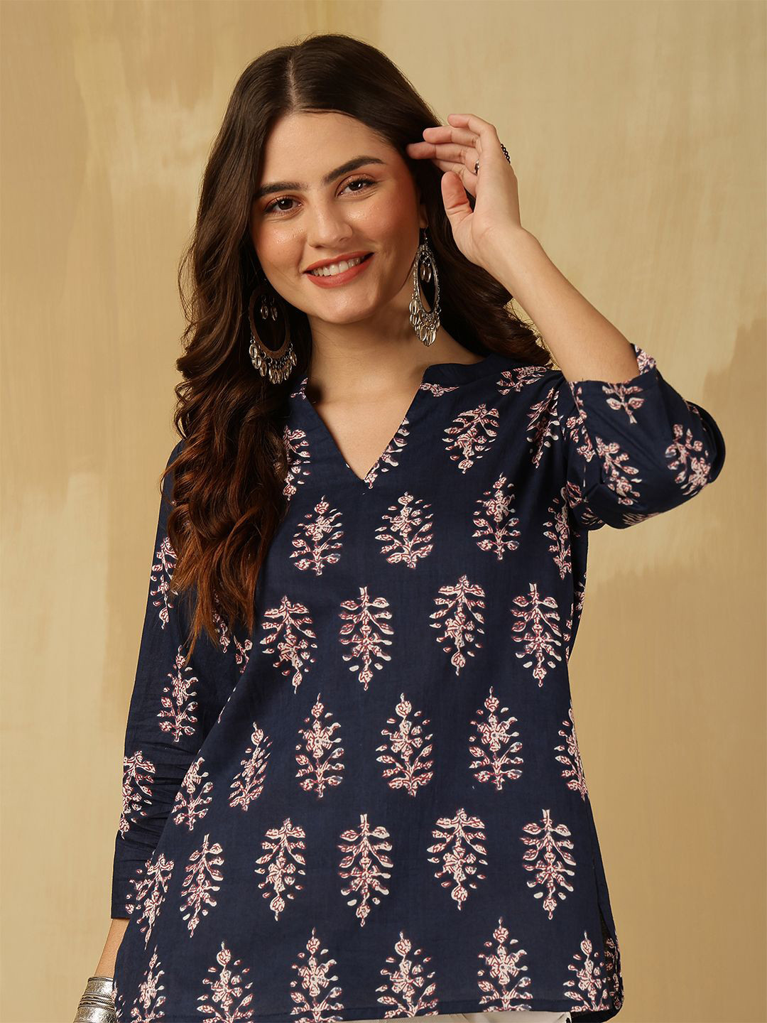 Anouk Blue Floral Print V-Neck Cotton Kurtis