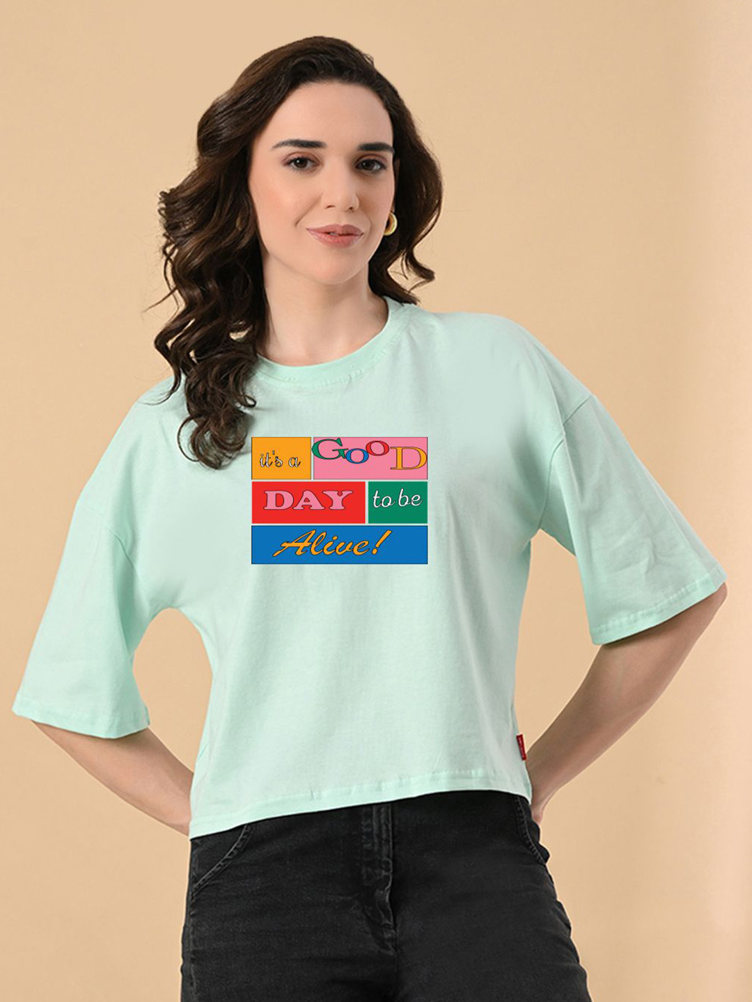 Sea Green Graphic Typography Round Neck Oversized T-shirt