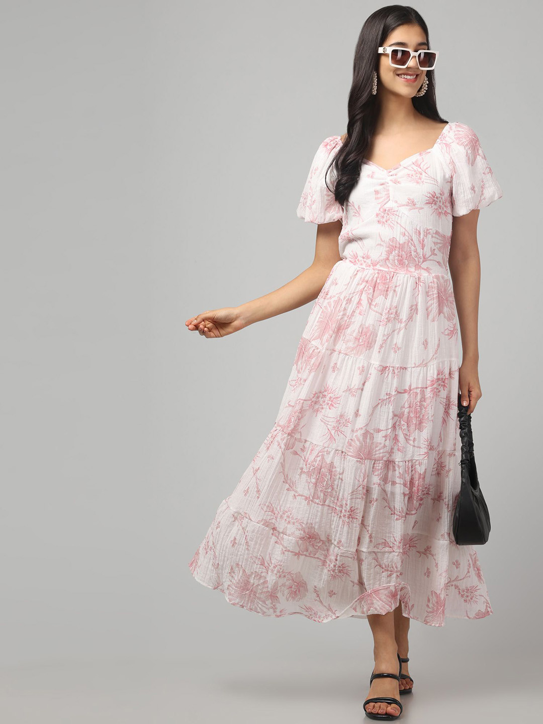 clobug Floral Printed Puff Sleeves Cotton Maxi Dress