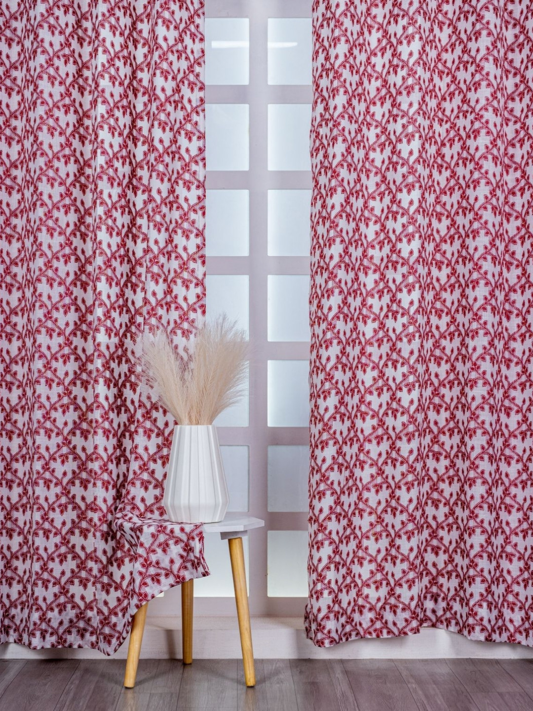 Parda Online Red & White 2 Pieces Self Design Sheer Linen Long Door Curtains