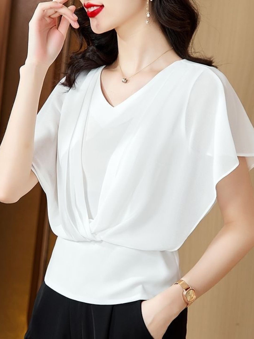 KPOP Women V-Neck Short Sleeves Wrap Top
