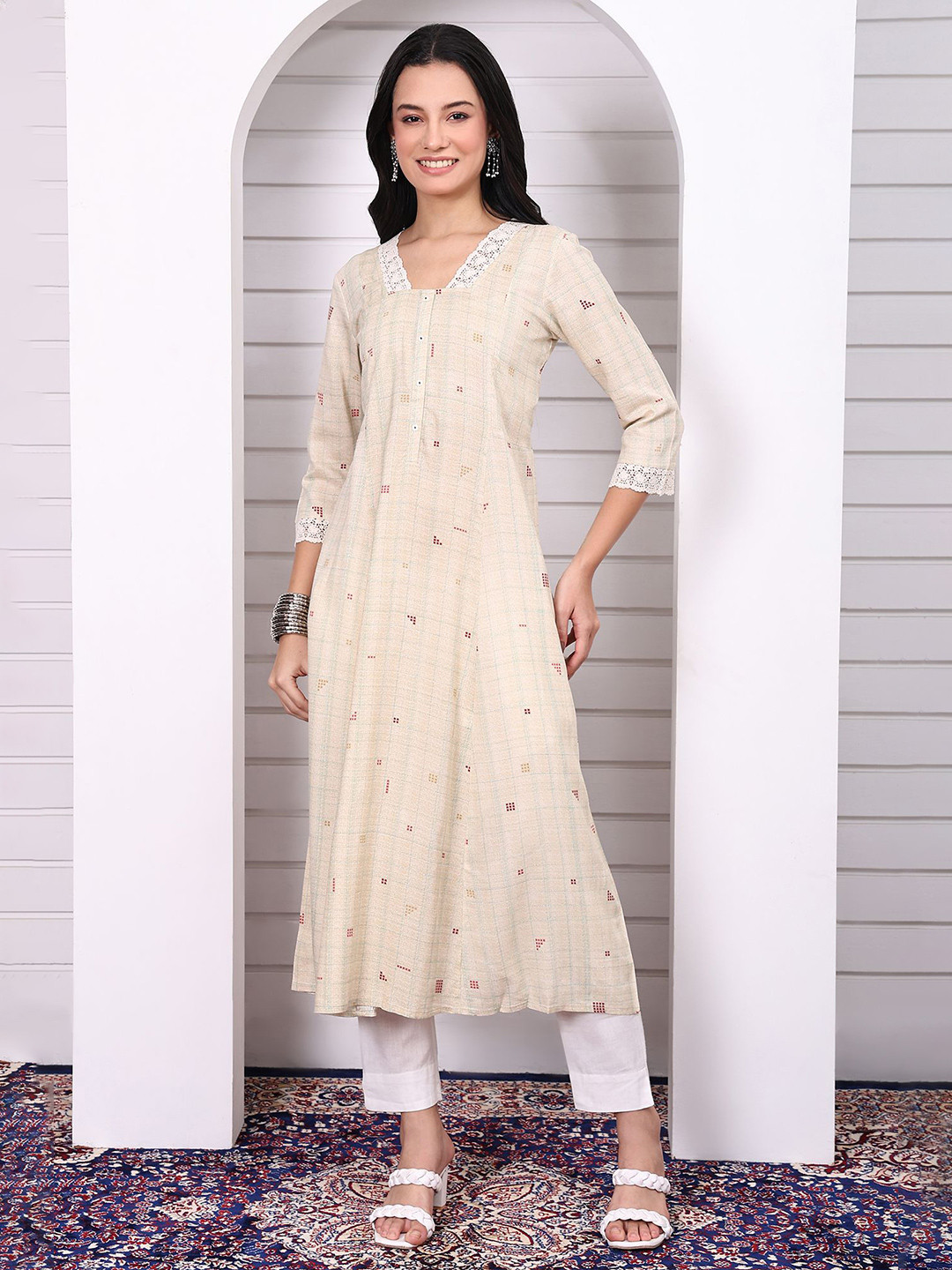 AURELIA Women Checked A-line Kurta with Lace in V Neckline