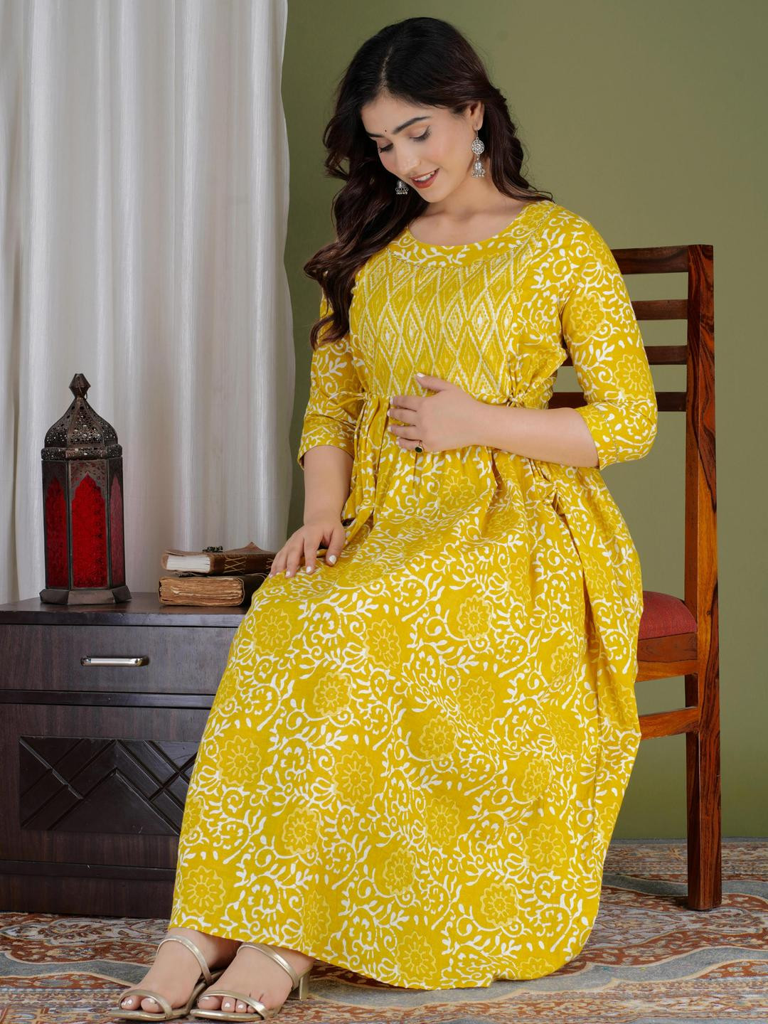 BHAGLI Floral Printed Mandarin Collar A-Line Maternity Ethnic Dresses