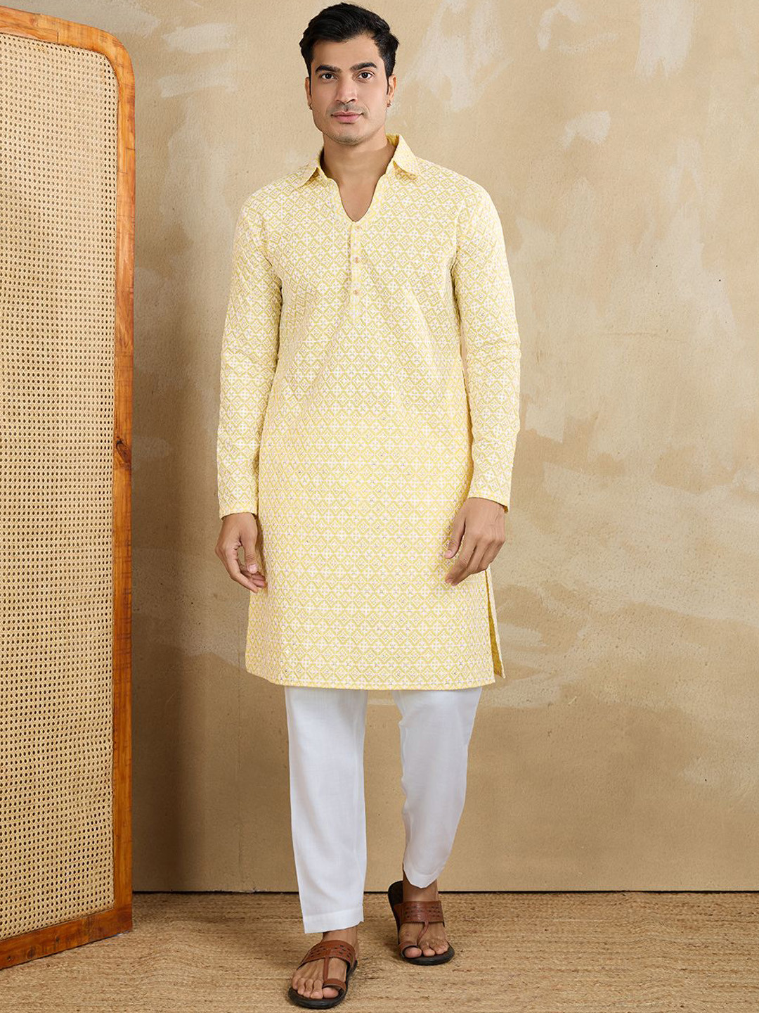 Inddus Floral Embroidered Chikankari Shirt Collar Straight Kurta With Trousers