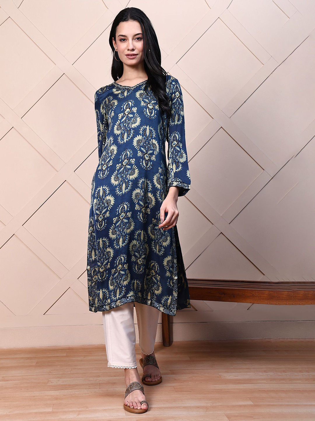 Folk Song Ajrak Printed V-Neck Satin A-Line Kurta