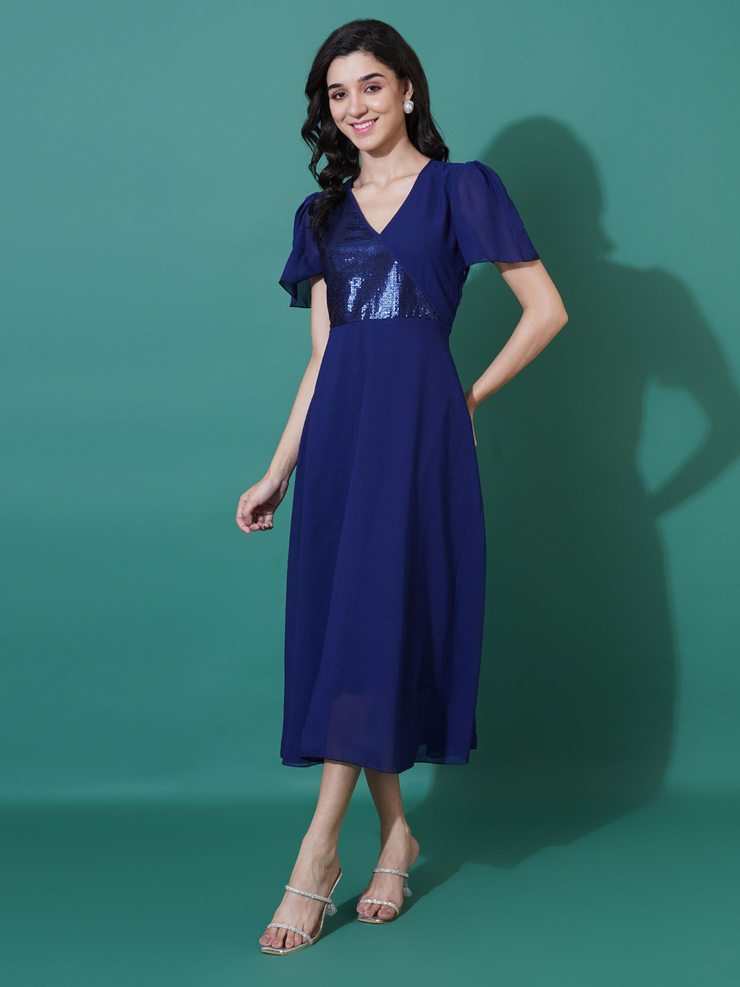 Curvydrobe Sequined Georgette Wrap Midi Dress