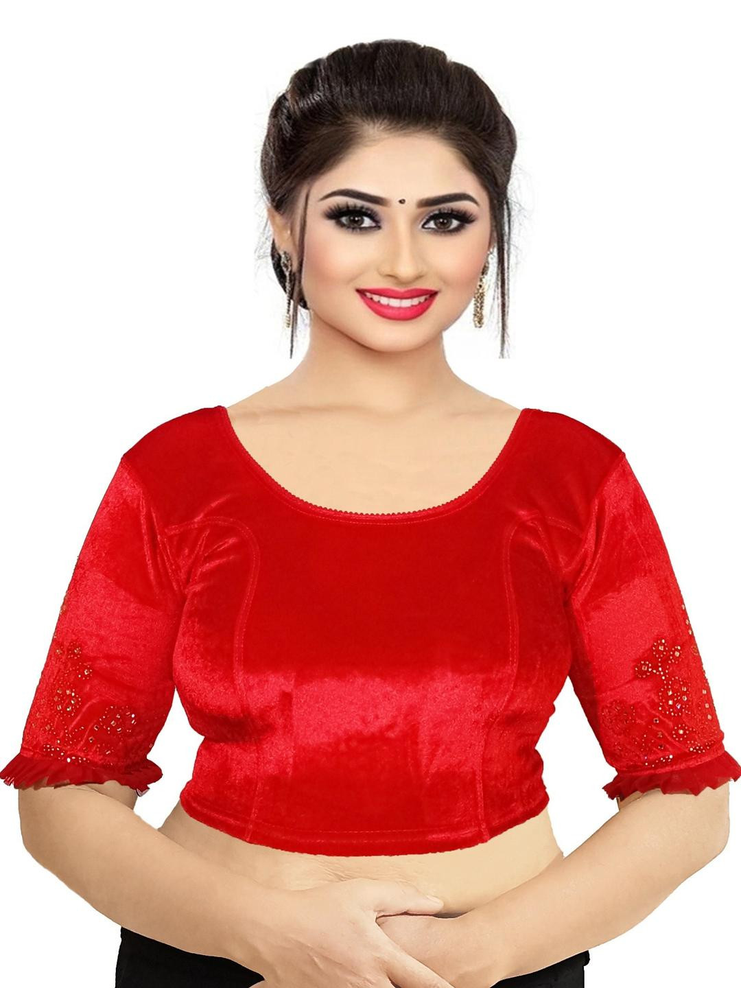 PU FASHION Women Red Round Neck Saree Blouse