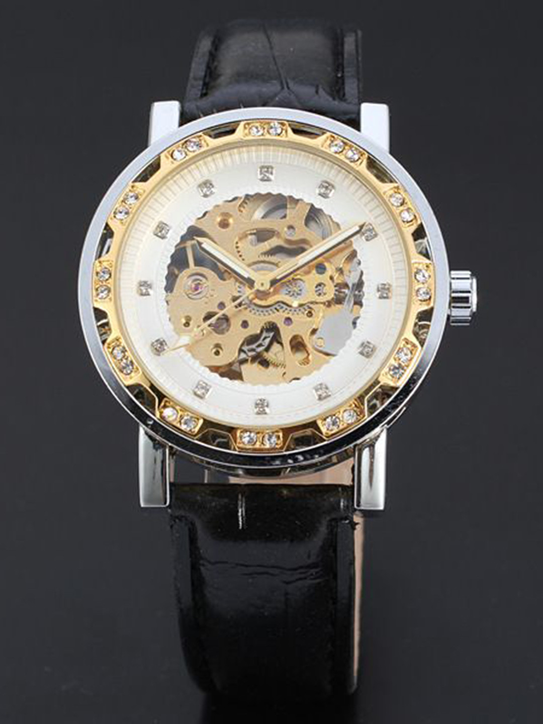 FORSINING Men Double Row Hollow Back Automatic Mechanical Watch With Leather Strap