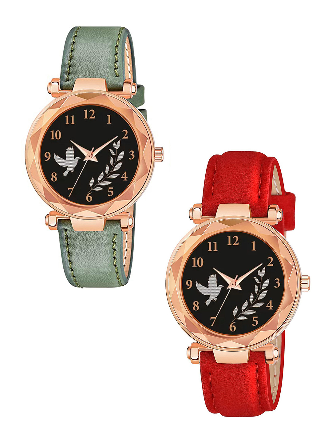 CSAMON Women Pack of 2 Dial & Textured Straps Analogue Watch GR379RG BIRD GRE RED Vel L