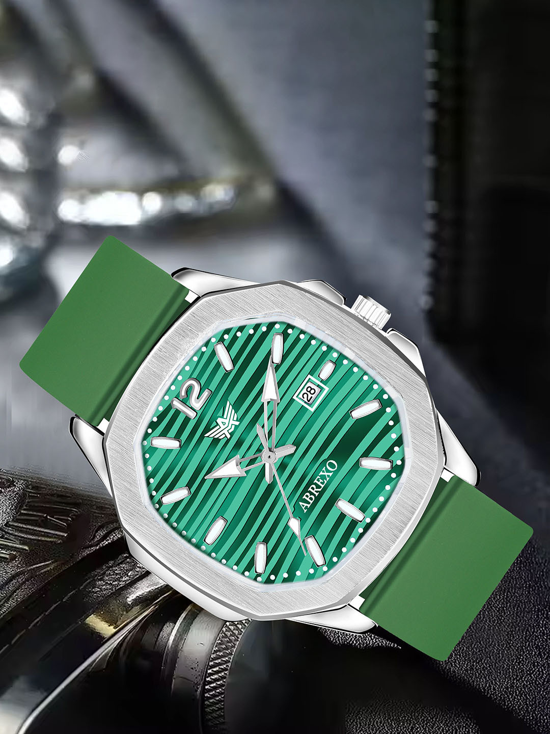 Abrexo Men Printed Dial & Straps Analogue Watch Abx6600-Silver Dial Green Strap Watch