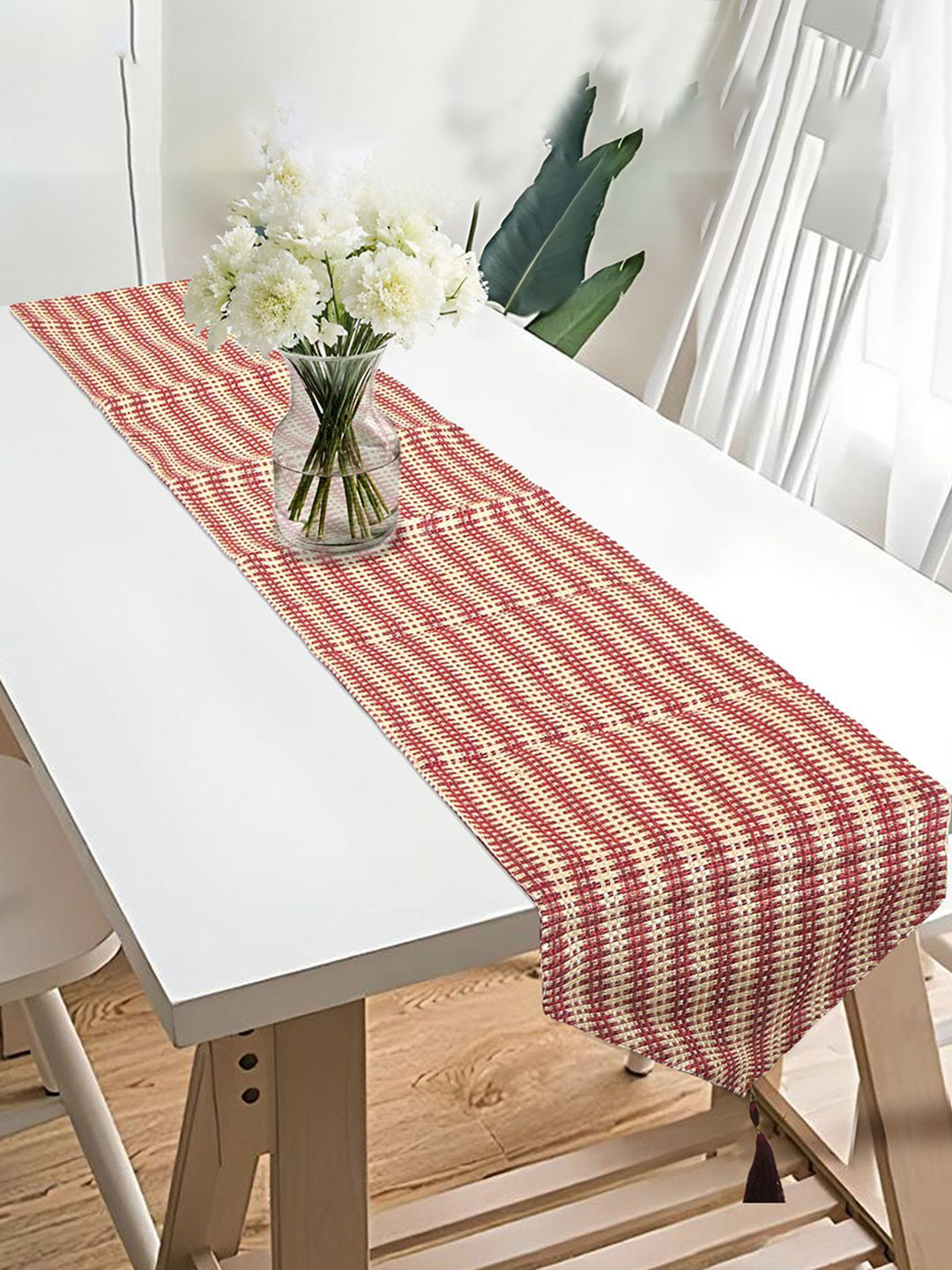 Kuber Industries Maroon & Beige Striped Jute 6 Seater Table Runner