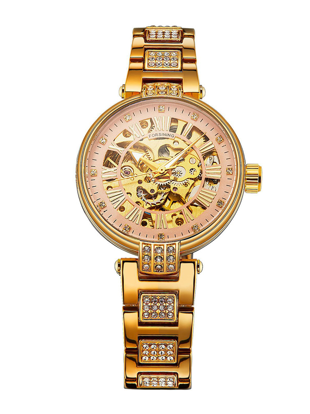 FORSINING Women Automatic Movement Analog Skeleton Dial Watch with Stainless Steel Strap