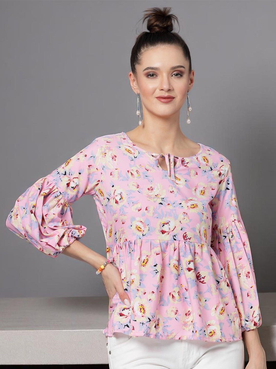 OOMPH! FACTOR Women Floral Print Tie-Up Neck Puff Sleeves Crepe Peplum Top