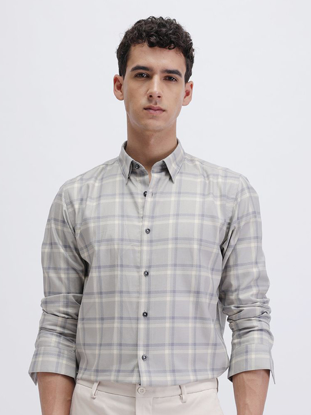 The Collection India Slim Drape Oat Checked Slim Fit Cotton Casual Shirt