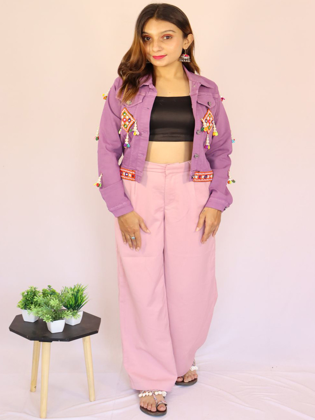 Prijam Floral Embroidered Spread Collar Thread Work  Lightweight Denim Jacket