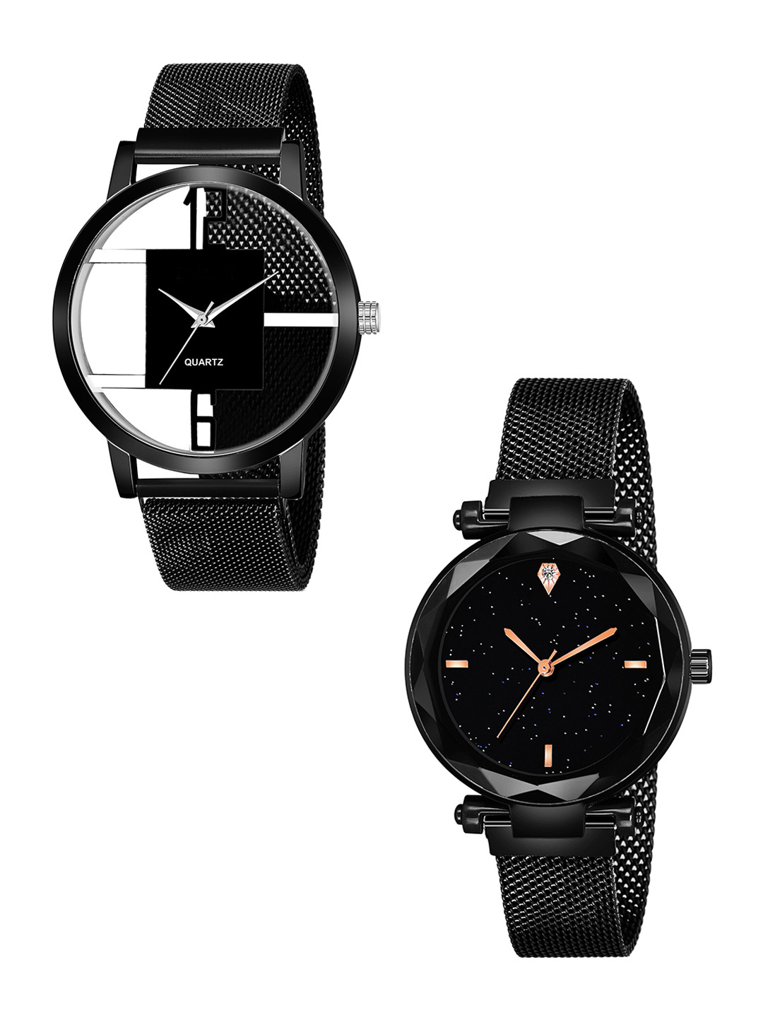 CSAMON Unisex Set Of 2 Analogue Watch GR_1051_6to12_openBlack_maganet_379_black_4