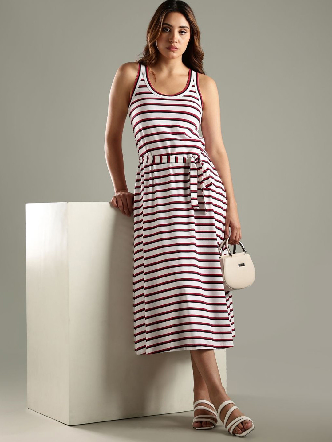 Tommy Hilfiger Striped U-Neck Sleeveless Fit & Flare Cotton Midi Dress