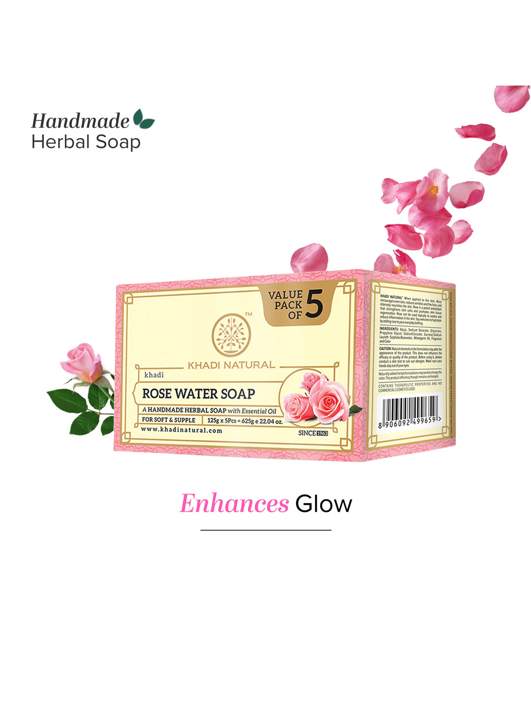 Khadi Natural Set of 5 Rosewater Herbal Soap With Essential Oils - 125 g each