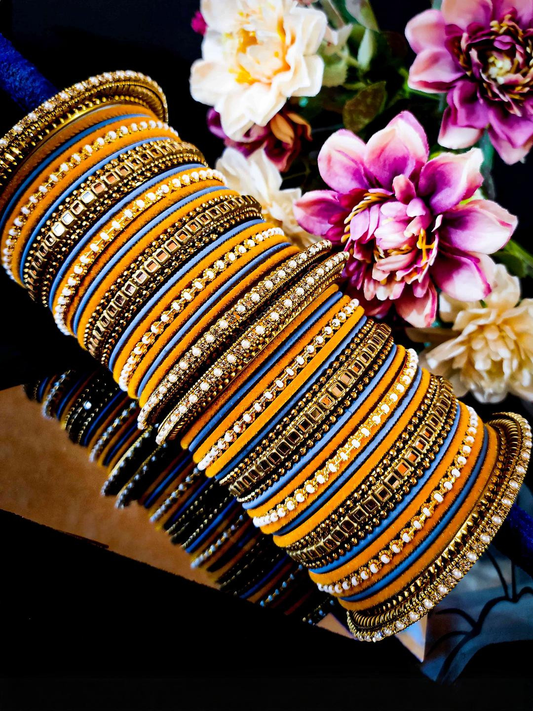 Amika Women Yellow Zircon Gemstone Jhumka Latkan 42 Pieces Bangles