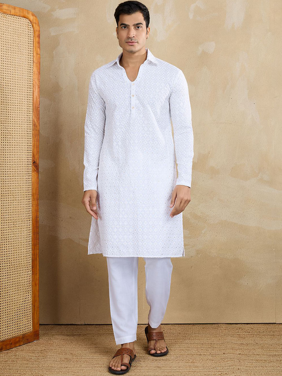 Inddus Floral Embroidered Chikankari Shirt Collar Straight Kurta With Trousers