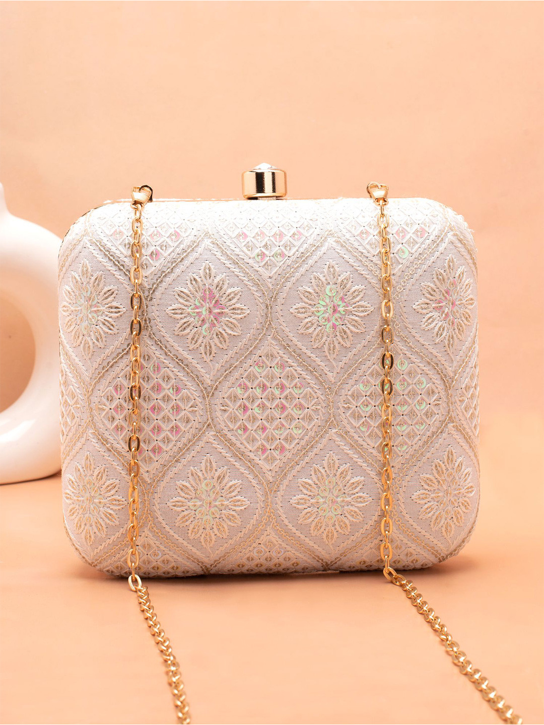 ARTKLIM Embroidered Thread Work Box Clutch With Sling Chain