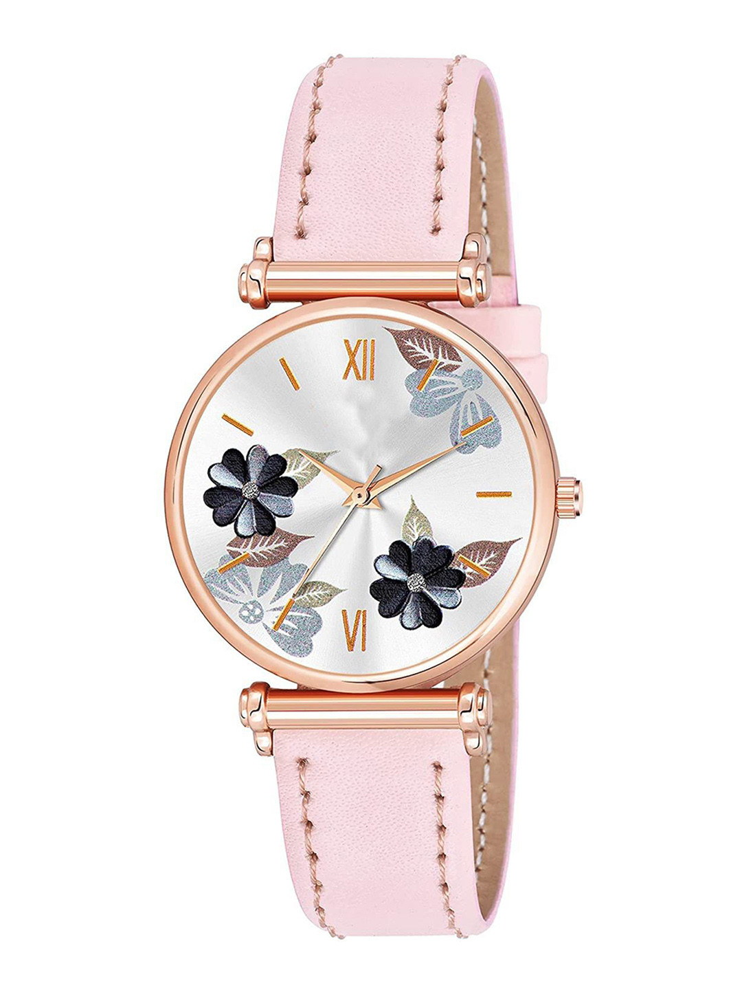 CSAMON Women Patterned Dial & Leather Straps Analogue Watch C34 RG Fosil BLK PINK Leather_F