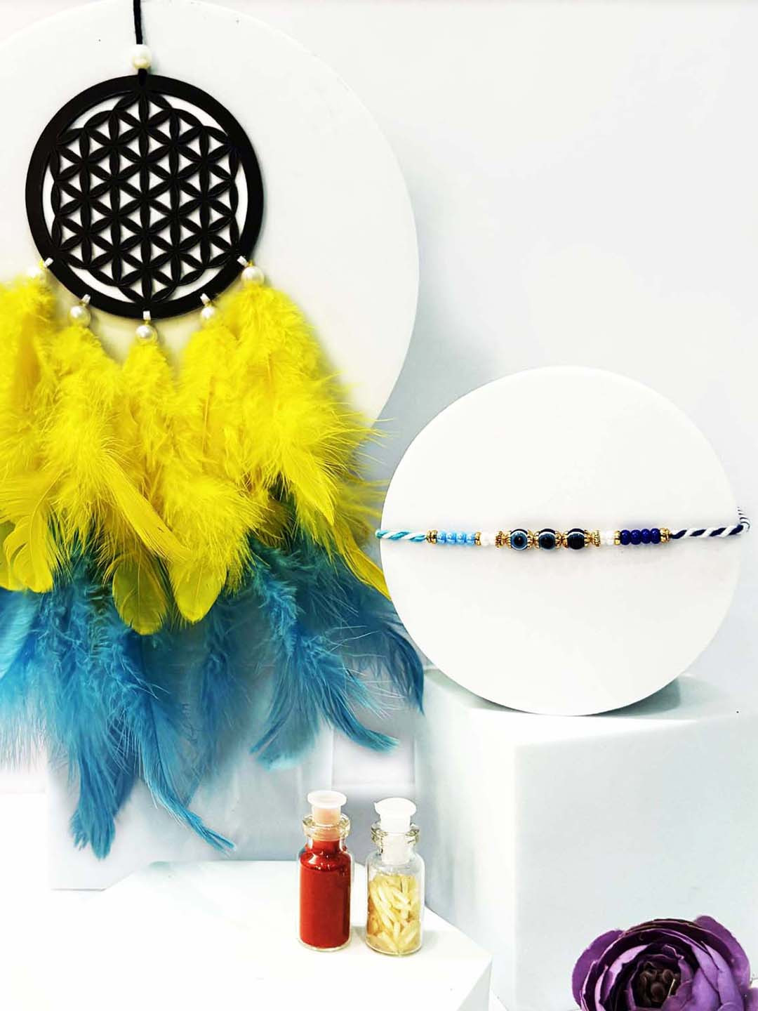 COLOR SPLASH Evil Eye Rakhi With Dream Catcher & Roli Chawal Gift Set