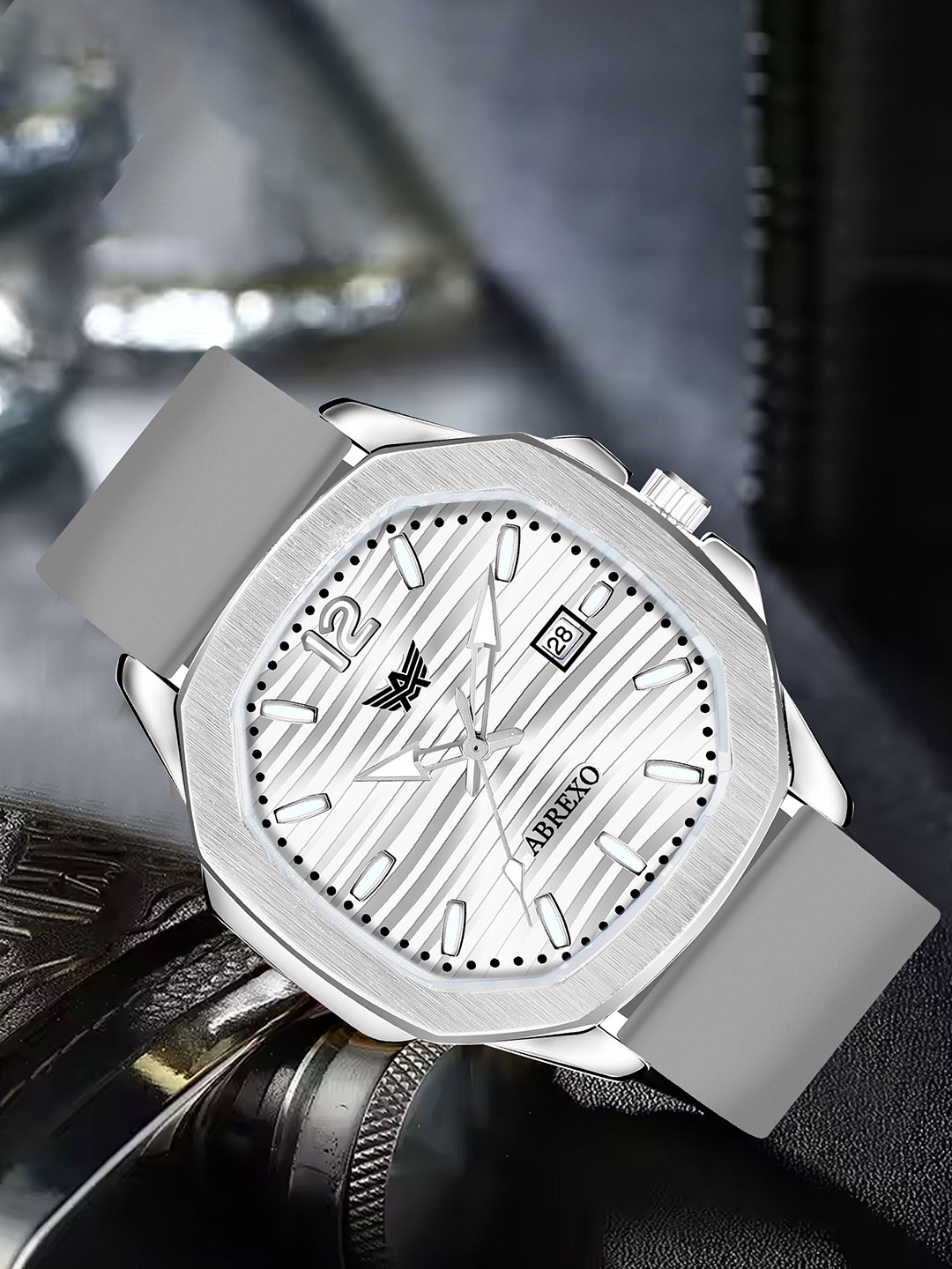 Abrexo Men Straps Analogue Watches Abx6600-Silver Dial Grey Silicon Strap Watch