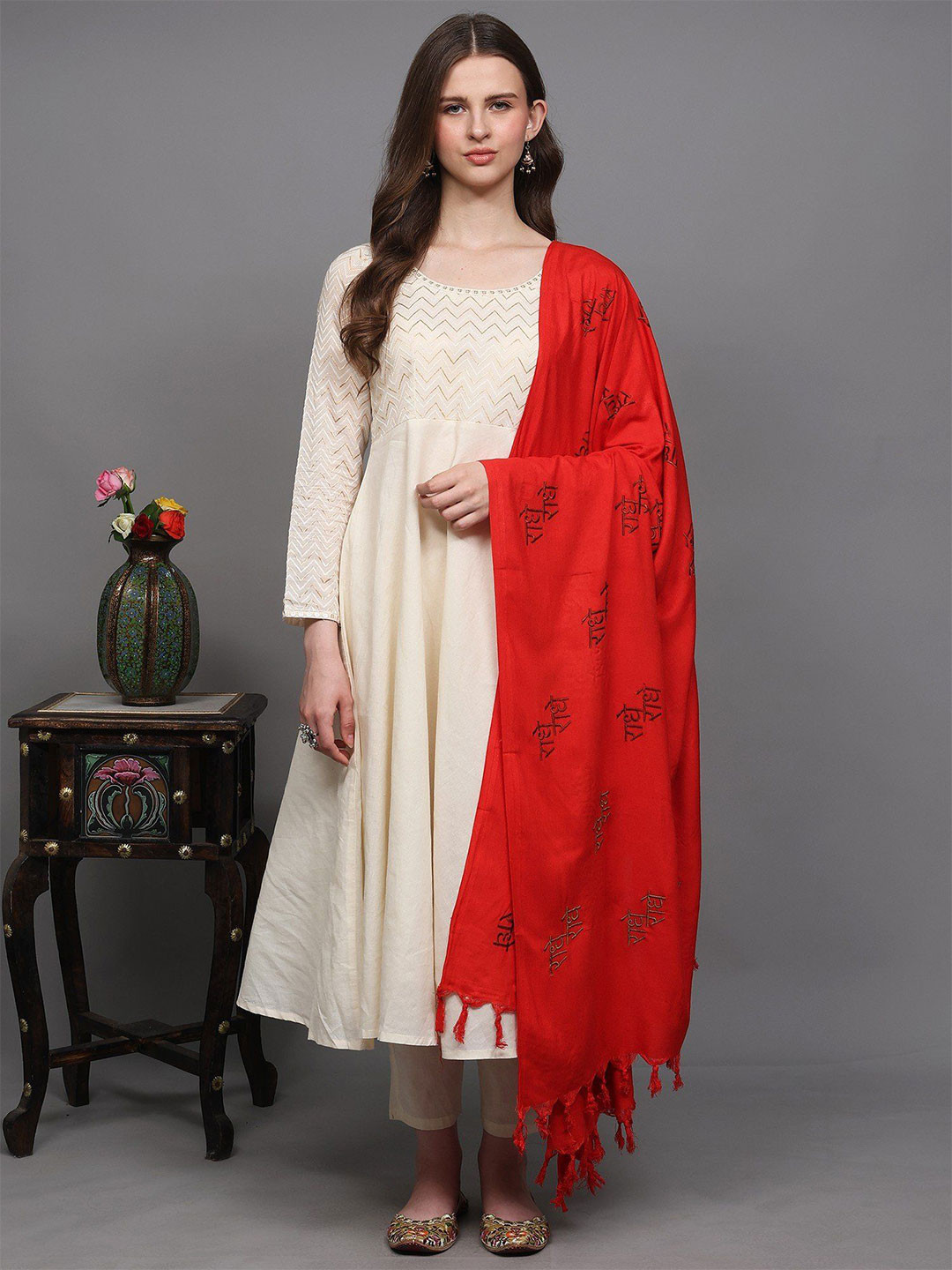 Exotic India Thread Radhe-Radhe Prayer Embroidered Thread Work Shawl