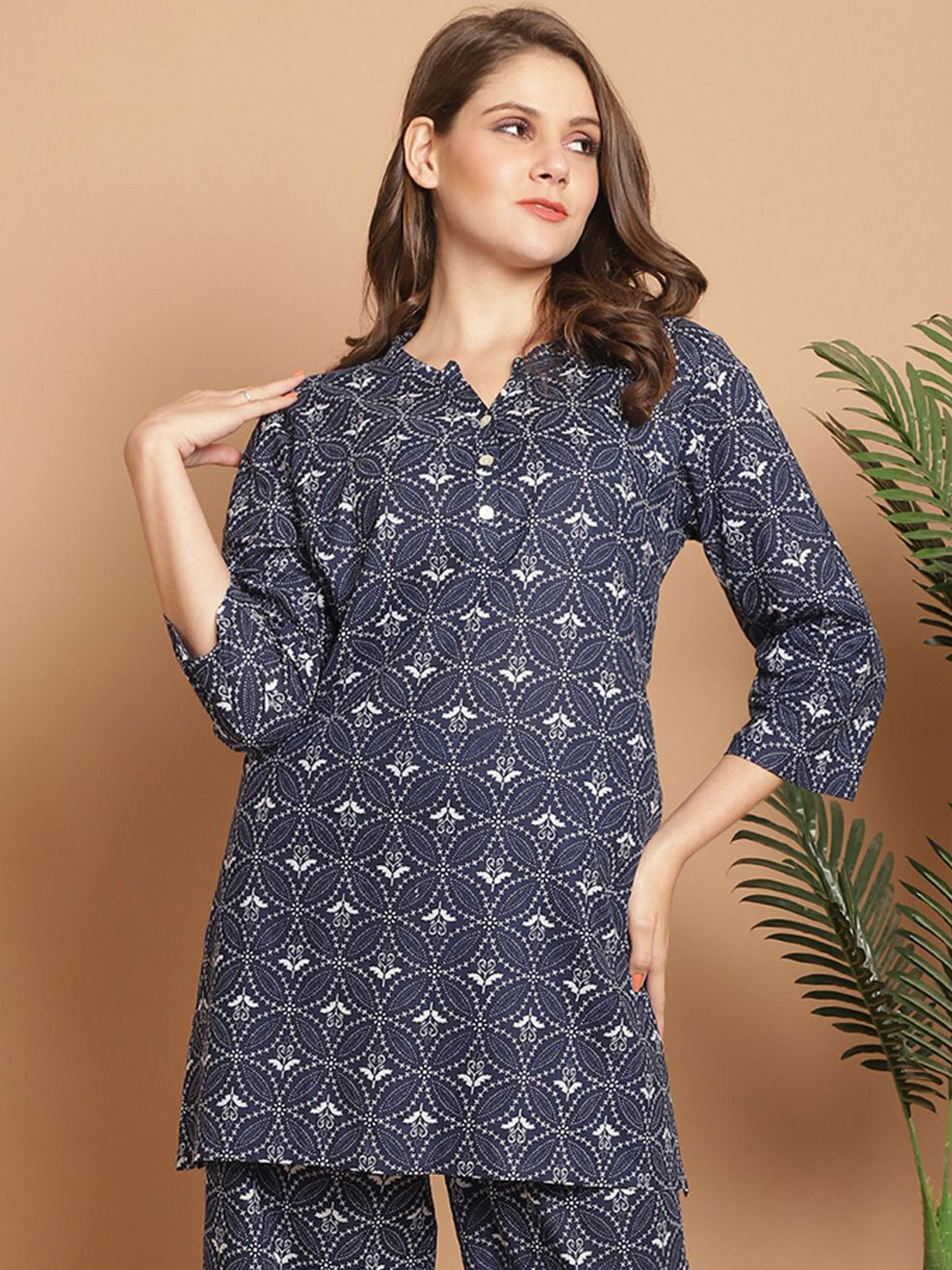 Kanvin Floral Printed Mandarin Collar Pure Cotton Kurti