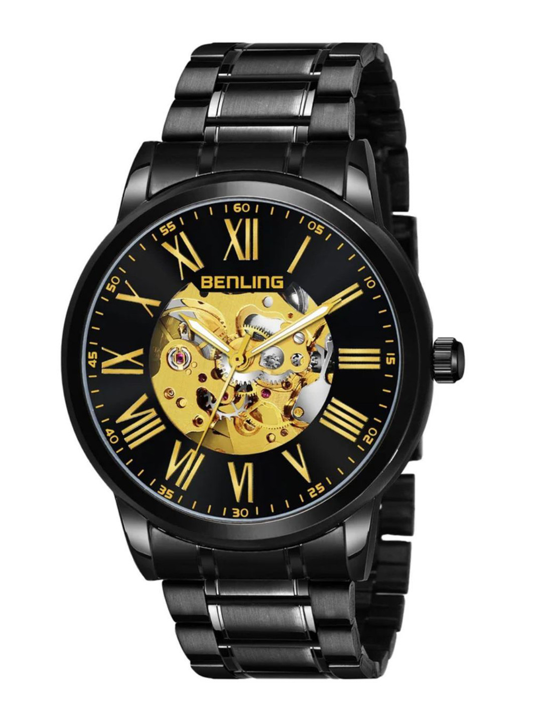 BENLING Men Skeleton Leather Wrap Around Straps Analogue Automatic Watch BL-1025-BLK