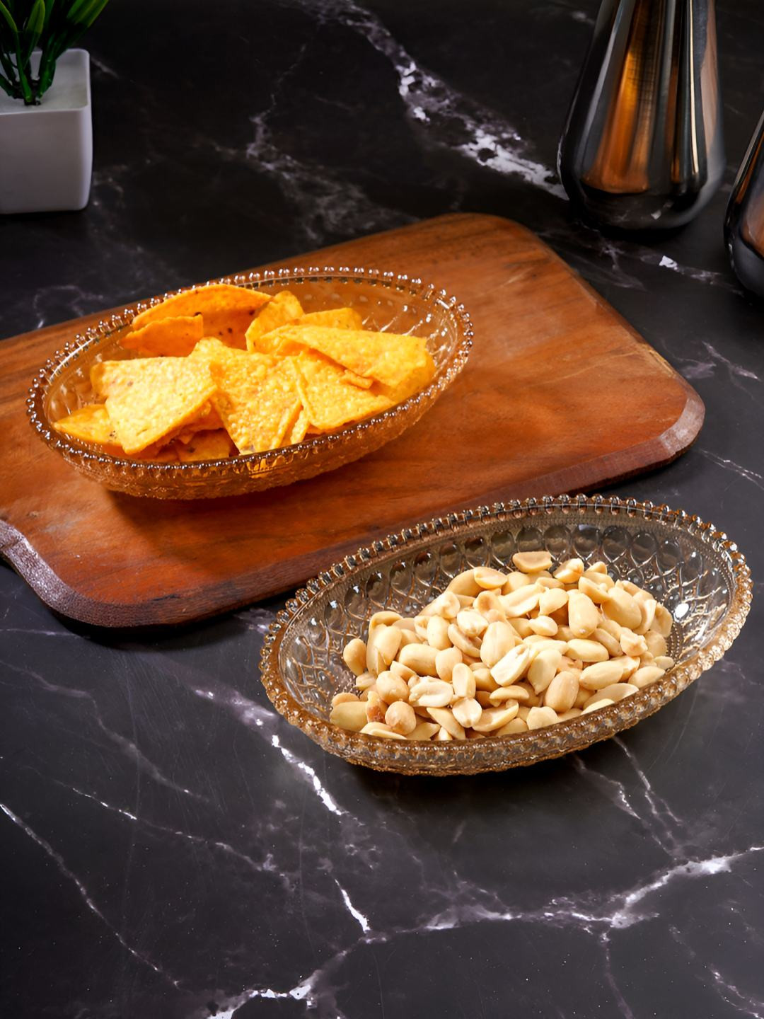 ceradeco Gold-Toned 2025 2 Pieces Oval Glass Cut Designed Serving Bowls