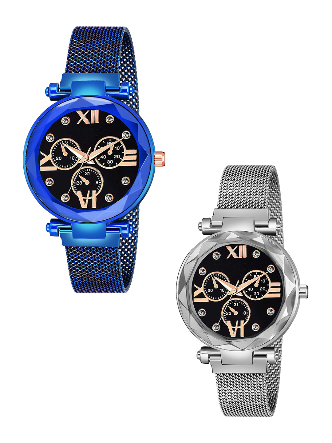 CSAMON Women Pack Of 2 Round Dial Analogue Watch Mina black Dial Blue Silver maganet