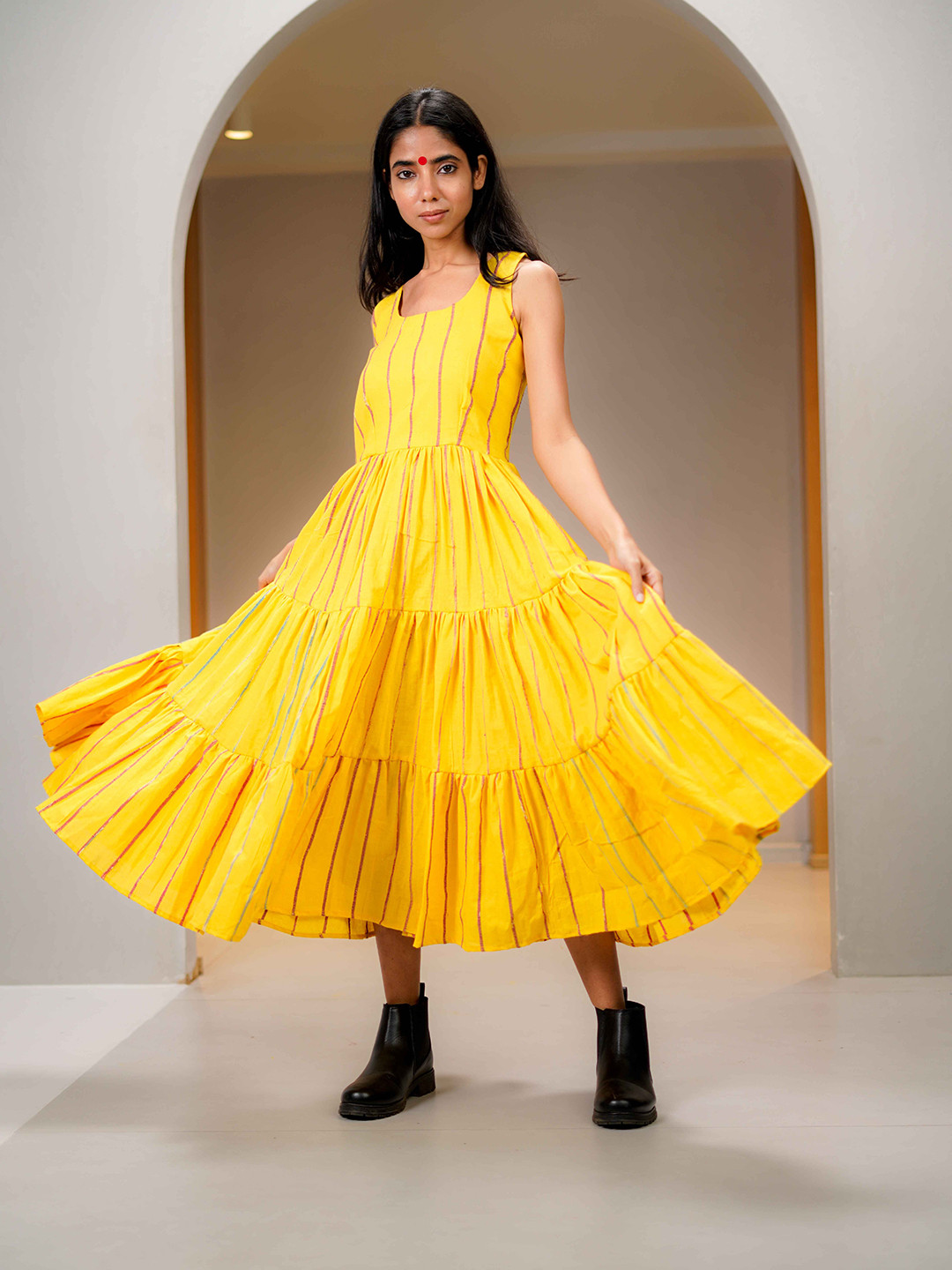 Prathaa Sunshine Yellow Khesh Tier Dress