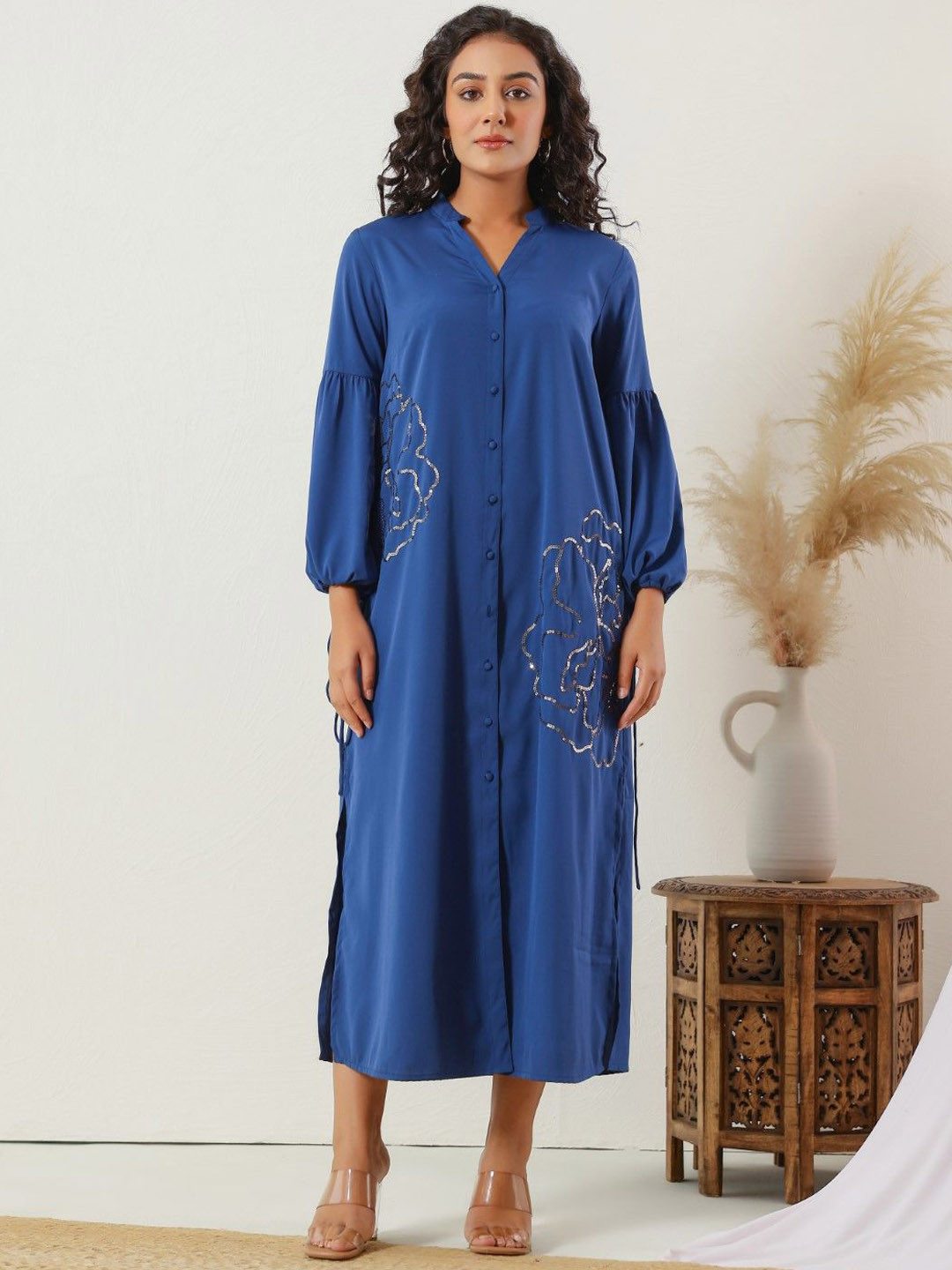 AUTUMN LANE Annie indigo Women Embellished Mandarin Collar Dress
