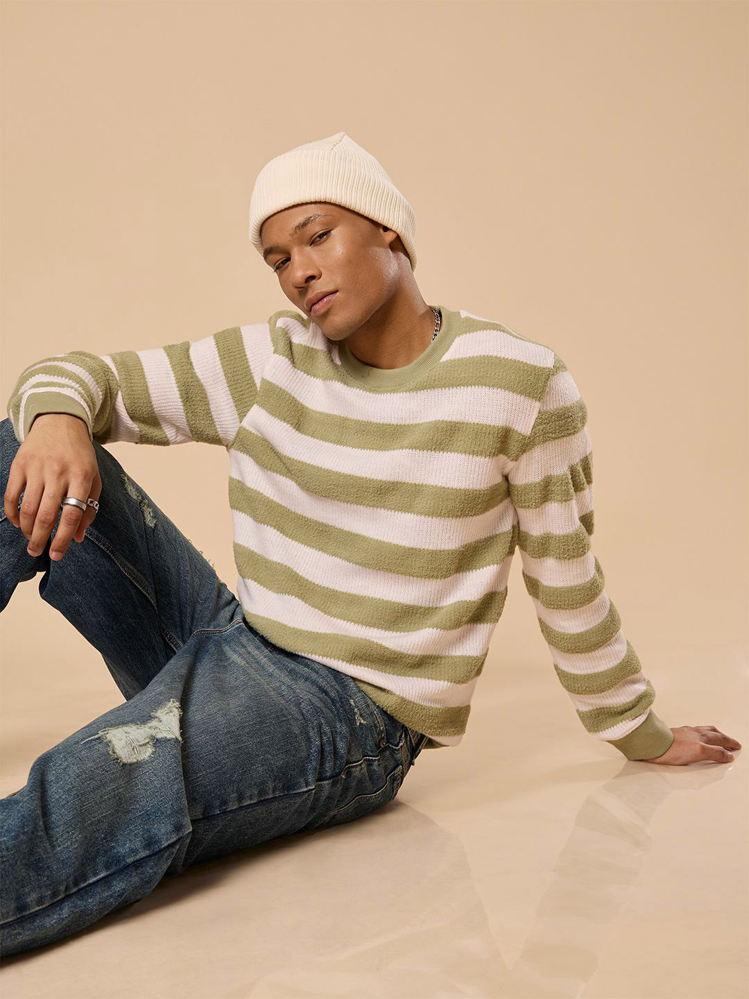 Espanshe Men Green Striped Round Neck Sweater