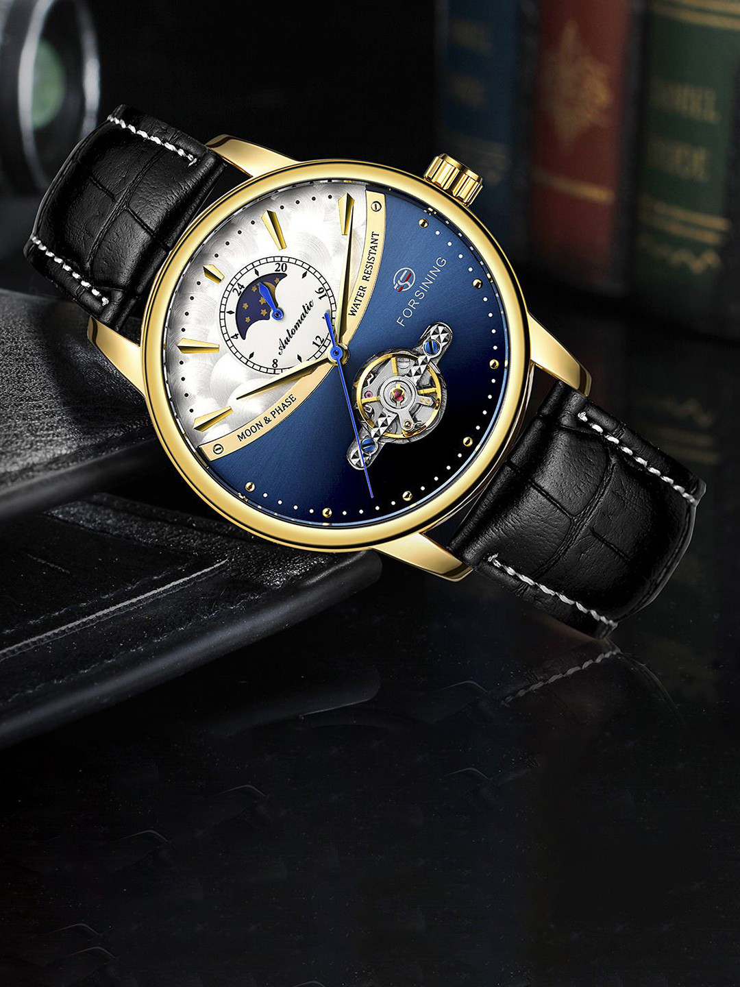 FORSINING Men Classic Moon Phase Mechanical Watch with Leather Strap