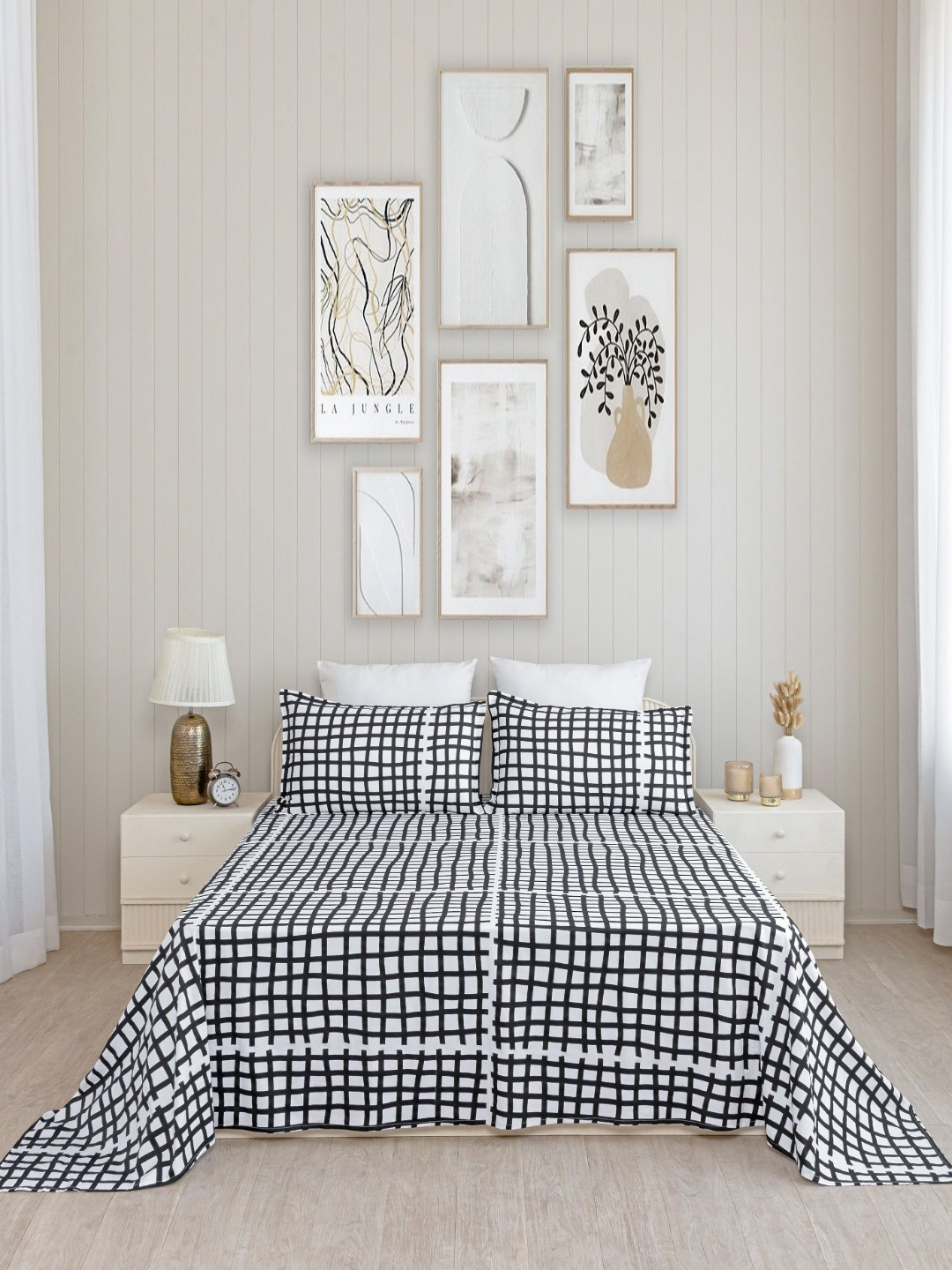 HOMEMONDE Monochrome Stria Black Checked Cotton 210 TC Single Bedsheet Set 2.28 m x 1.52 m