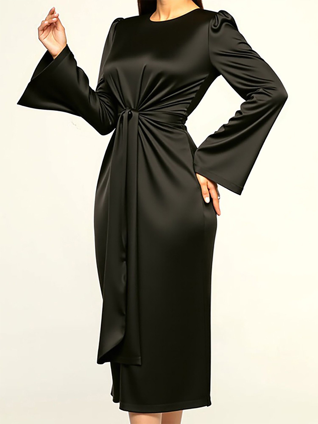 bebe Women Solid Black Draped Slits Detail Sheath Midi Dress