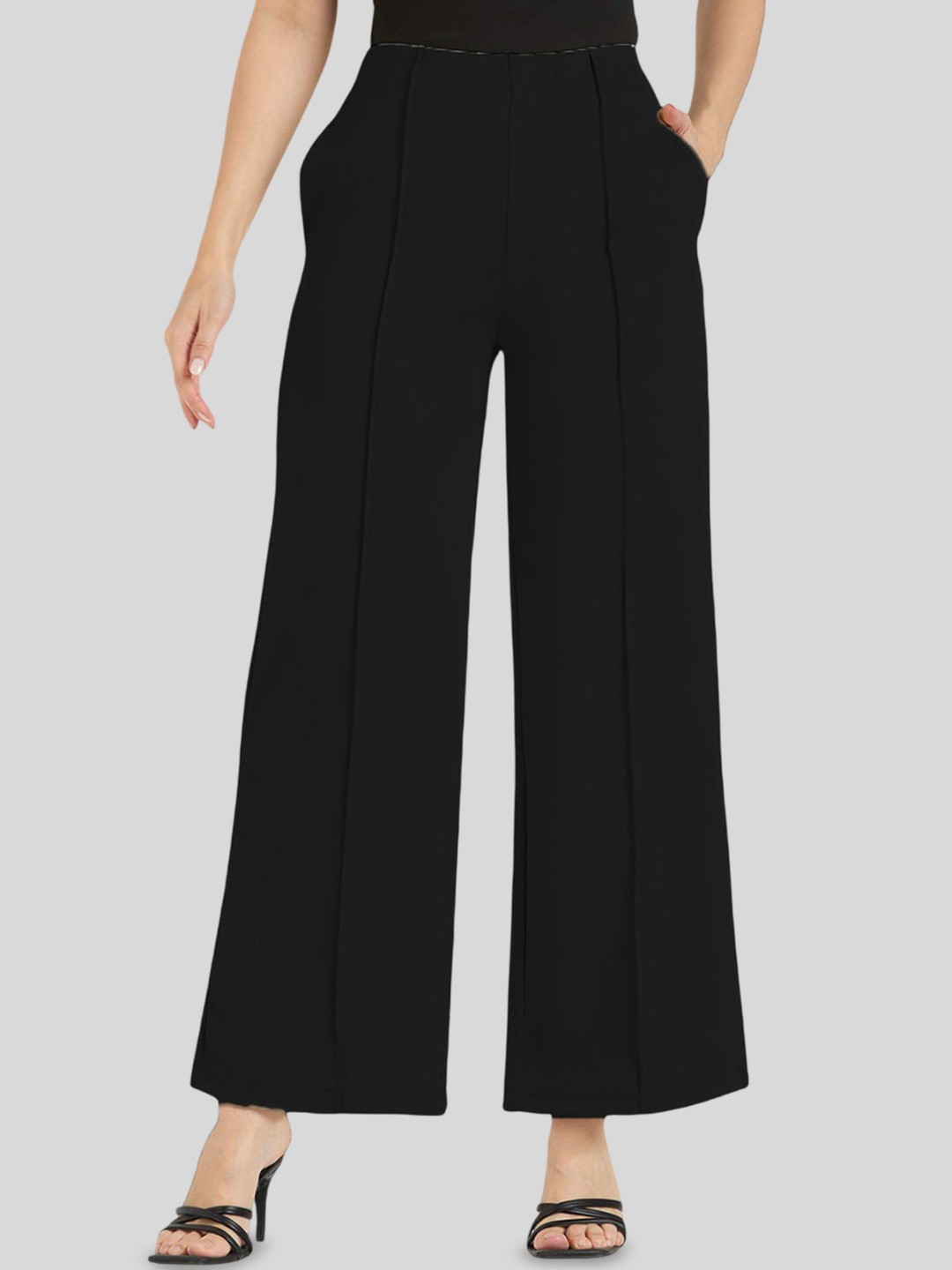 CEFALU Women Relaxed High-Rise Loose Fit Wide Leg Easy Wash Pleated Trousers