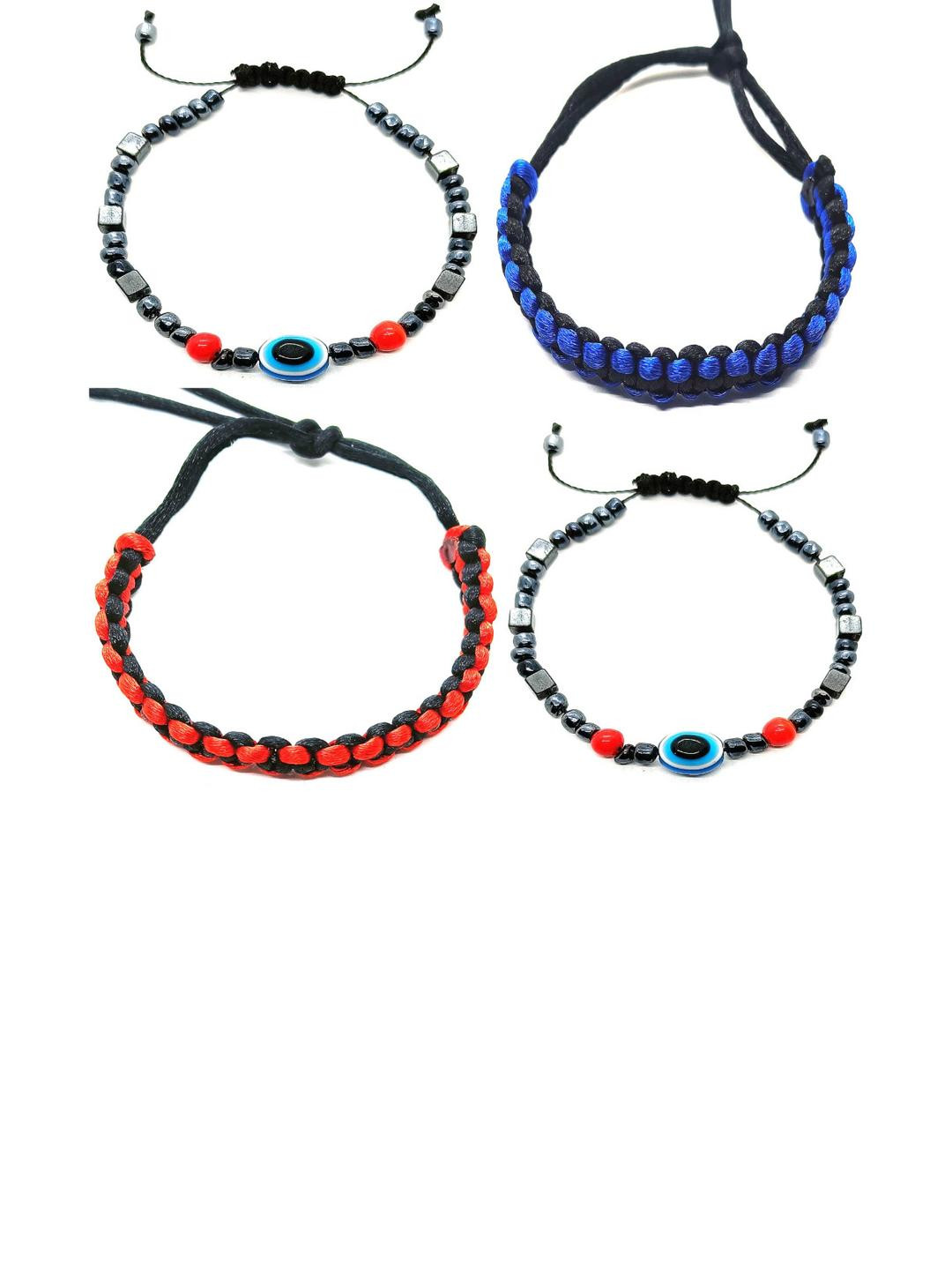 Dynamic Retail Global Women Pack Of 4 Red & Blue With Evil Eye Beaded Drawstring Bracelet