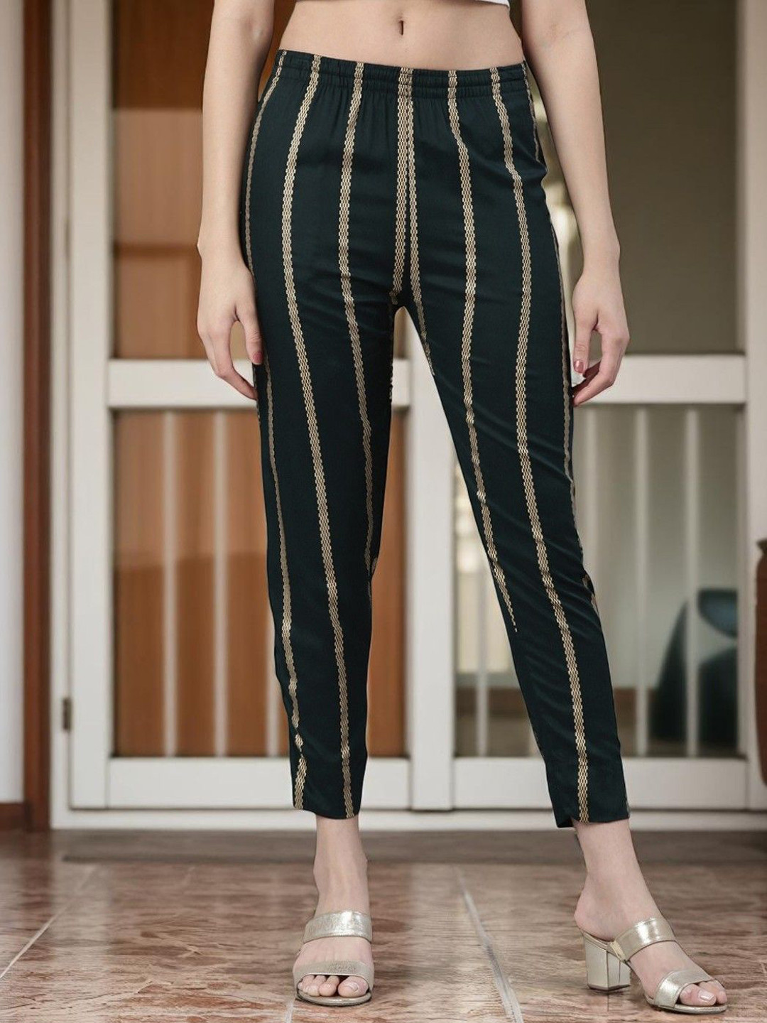 Esplendido Women Striped Pencil Slim Fit Cigarette Trousers