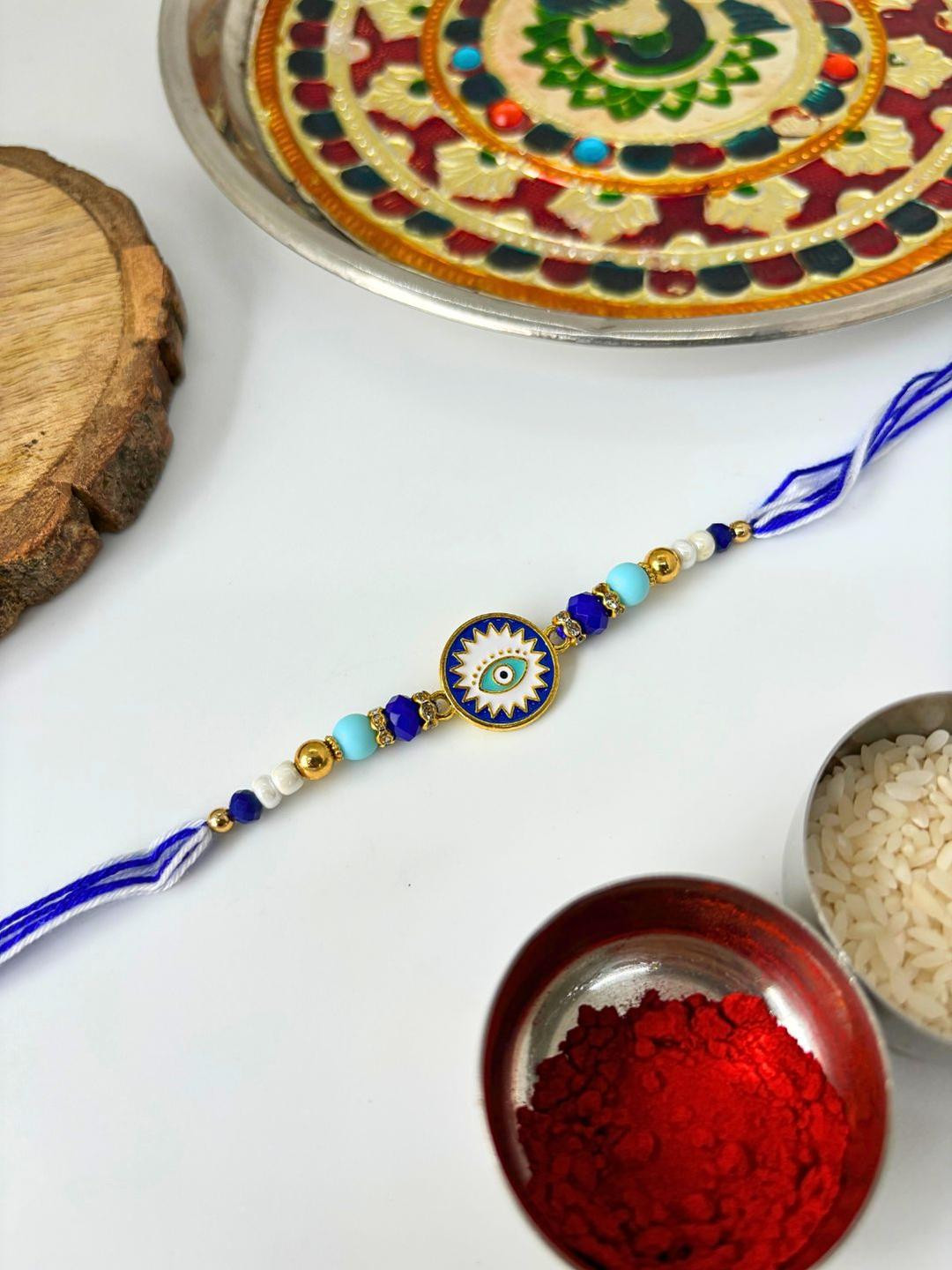 Blue Evil Eye Rakhi Stone Studded & Beaded Thread Rakhi Traditional Handmade Rakhi for Brother