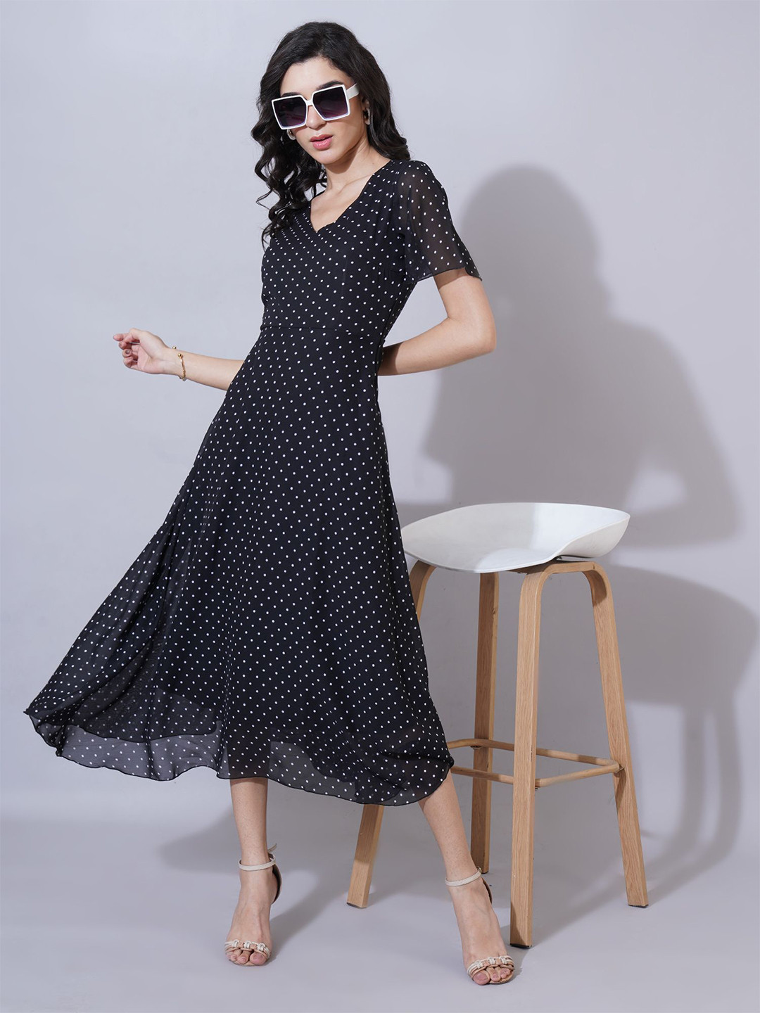 Curvydrobe Polka Dot Printed Georgette Fit & Flare Midi Dress