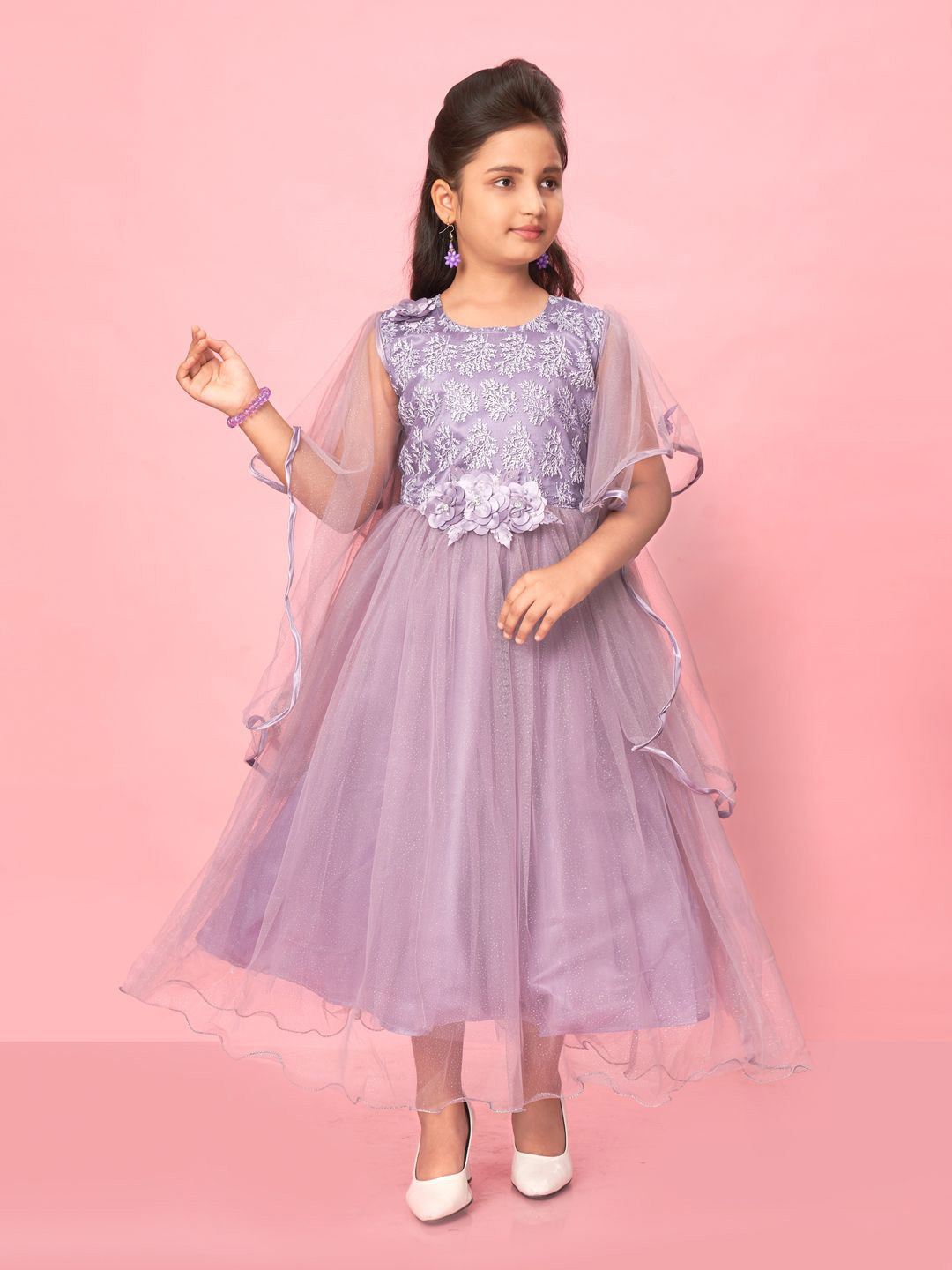 BAESD Girls Ethnic Motifs Embroidered Applique Tulle Gown Midi Dress