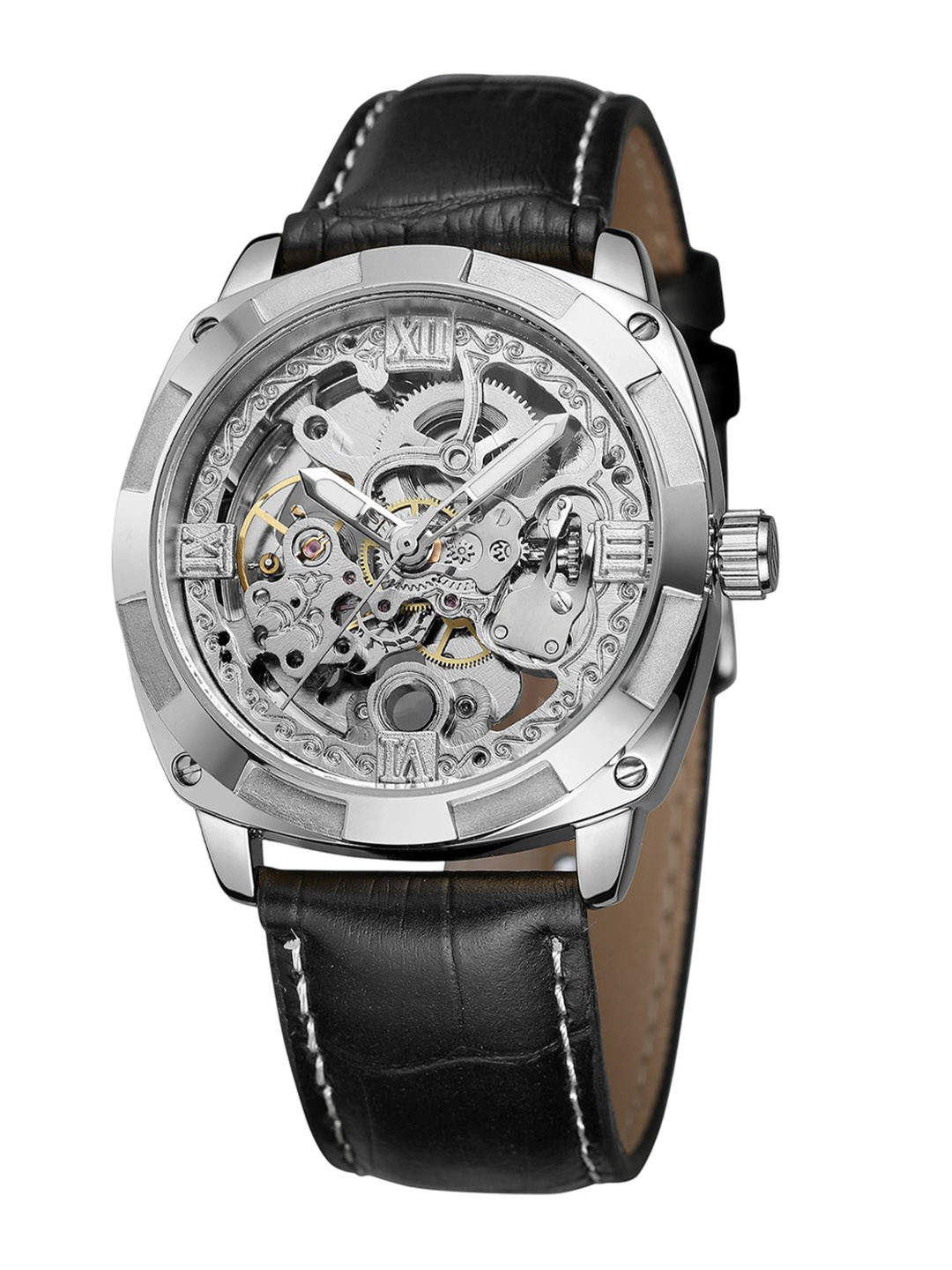 FORSINING Men Round Dial Semi-Automatic Skeleton Watch with Leather Strap