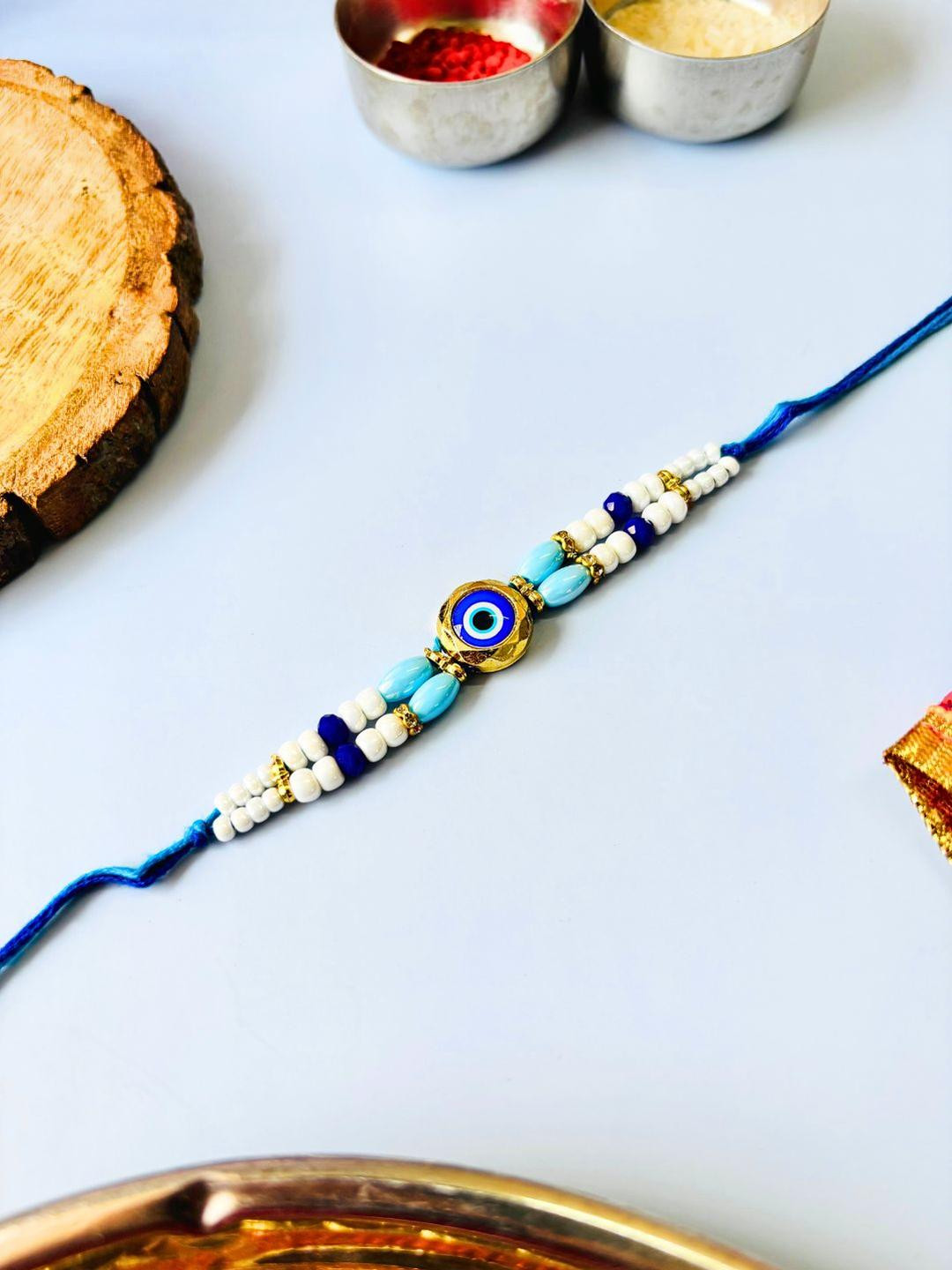Blue Evil Eye Rakhi Stone Studded & Beaded Thread Rakhi Traditional Handmade Rakhi for Brother