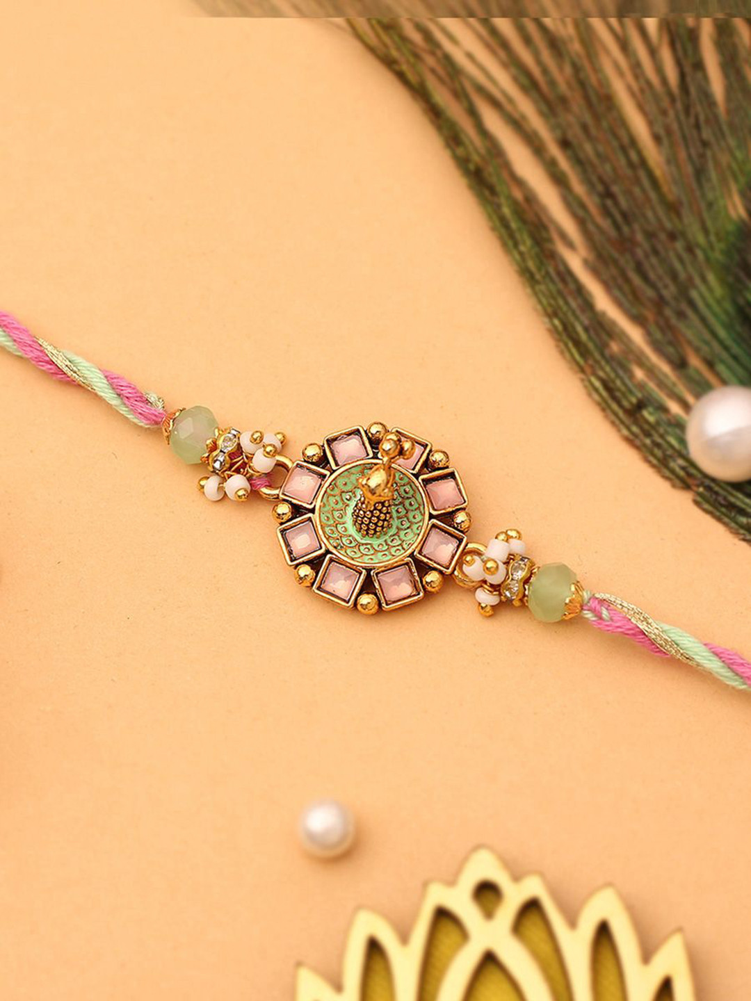 The Purple Tree Kundan Studded & Beaded Peacock Thread Rakhi With Roli Chawal
