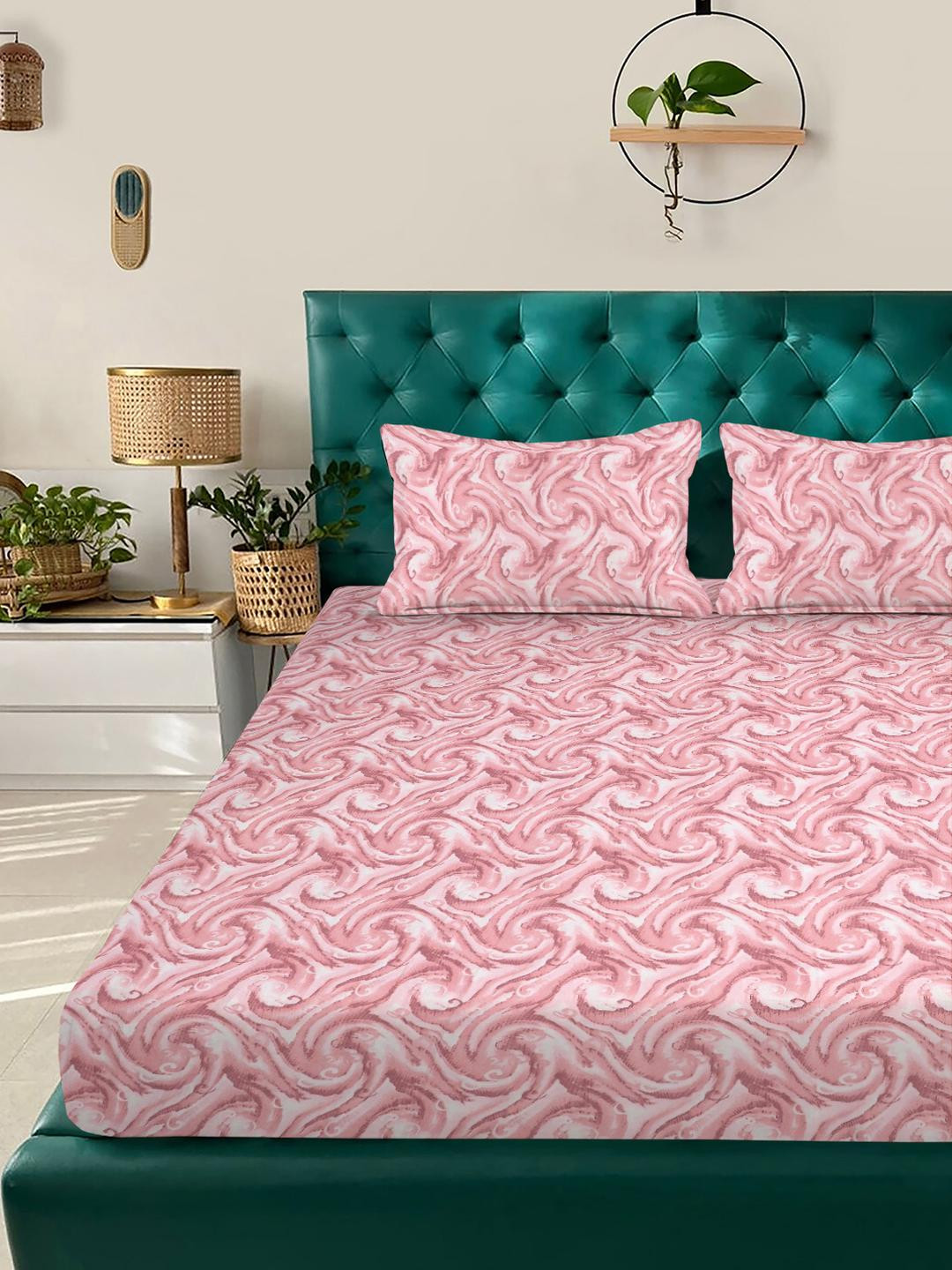 KLOTTHE Rose Abstract Printed Fitted 300 TC King Double Bedsheet With 2 Pillow Covers